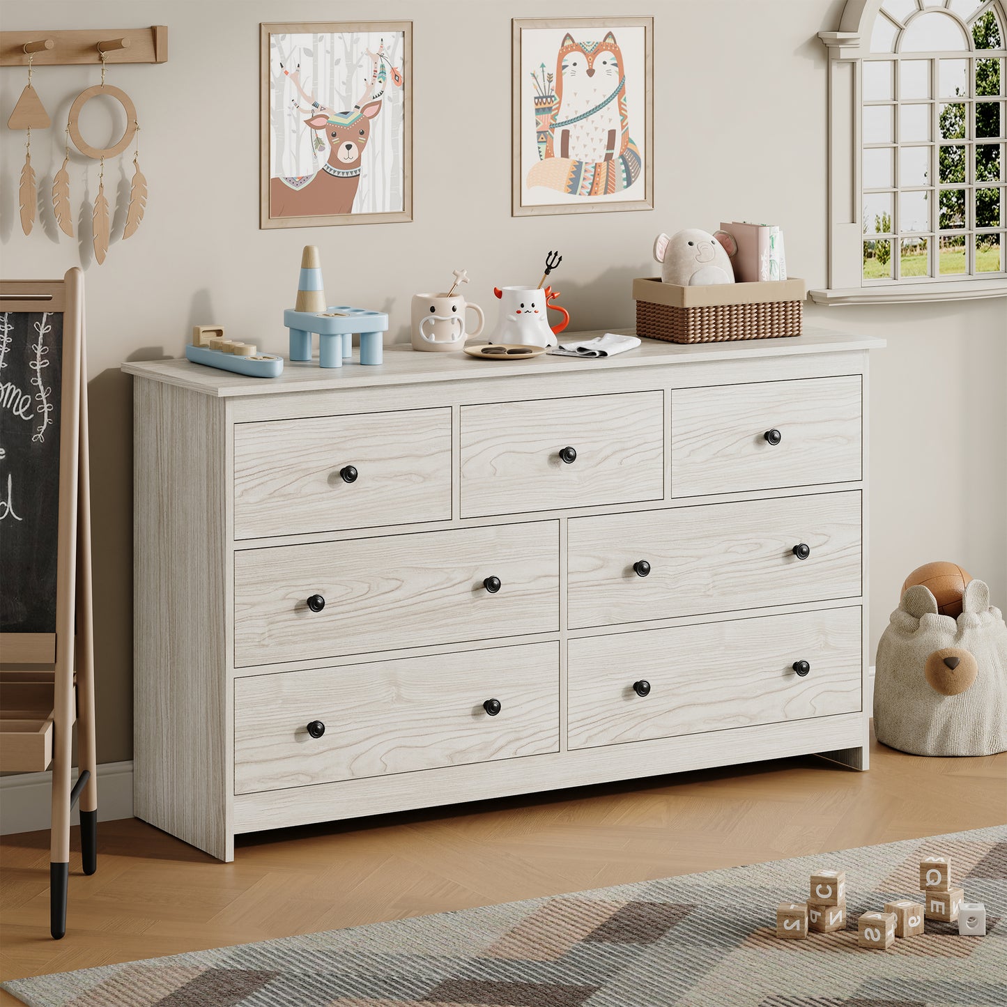 7 Drawer Dresser, Modern Chests of Drawers Wood Adult Storage Cabinet for Bedroom Living Room Hallway Entryway