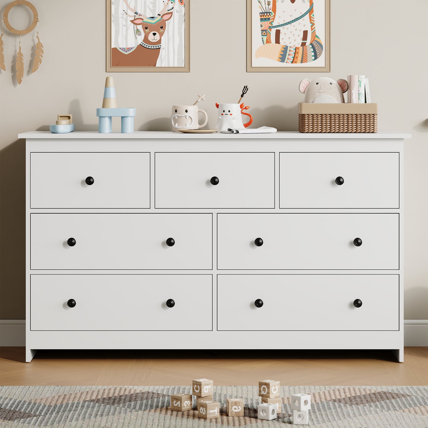 7 Drawer Dresser, Modern Chests of Drawers Wood Adult Storage Cabinet for Bedroom Living Room Hallway Entryway