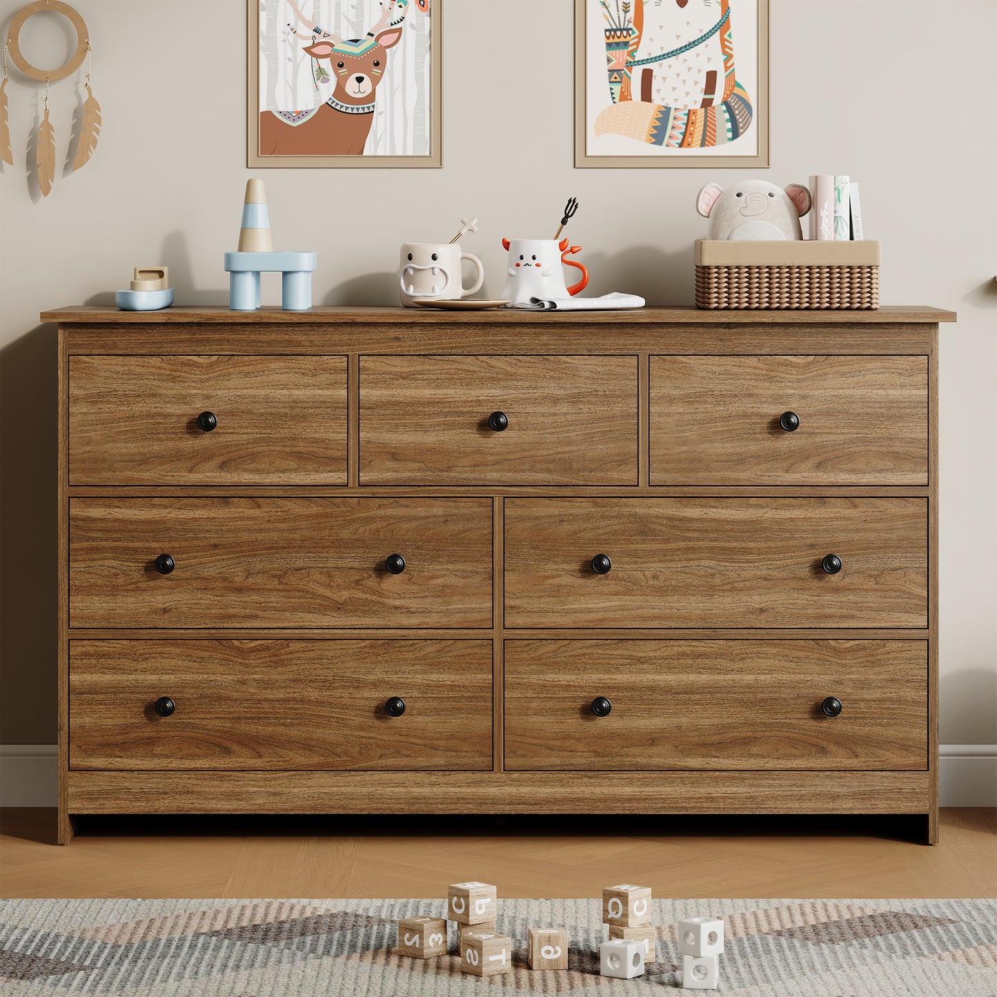 7 Drawer Dresser, Modern Chests of Drawers Wood Adult Storage Cabinet for Bedroom Living Room Hallway Entryway