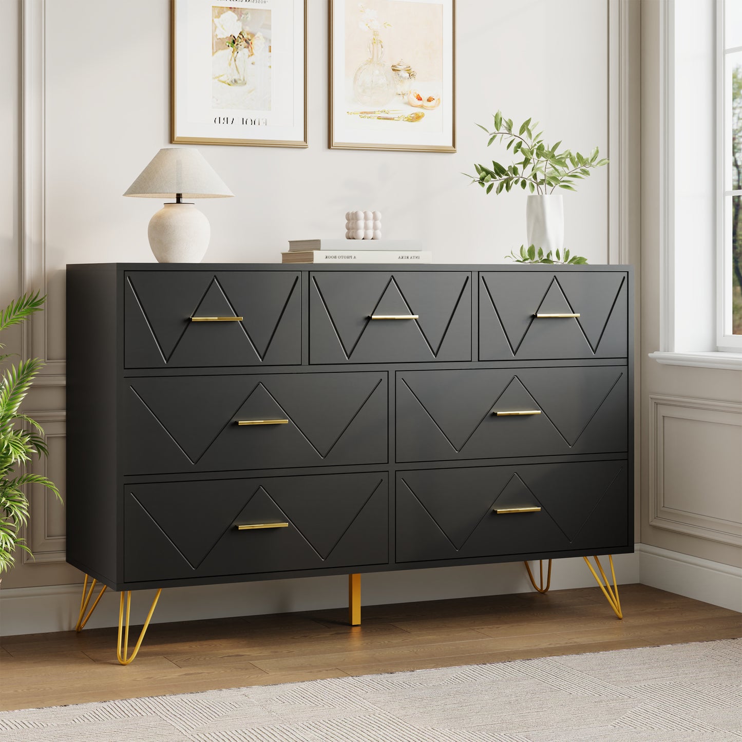 7 Drawer Dresser,Adult Dresser with Golden Legs & Handles,Wooden Chest of Drawer, for Bedroom Living Room