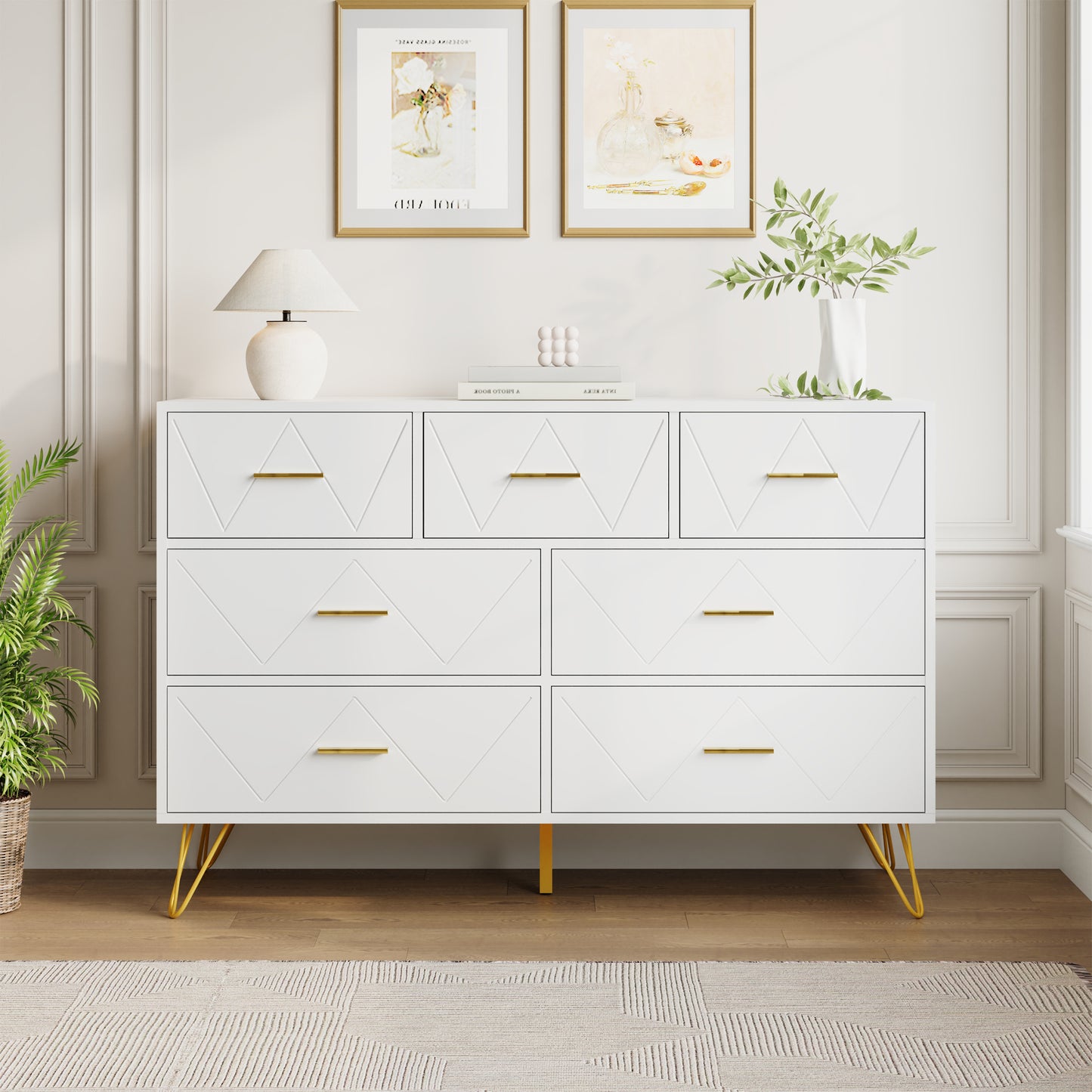 7 Drawer Dresser,Adult Dresser with Golden Legs & Handles,Wooden Chest of Drawer, for Bedroom Living Room