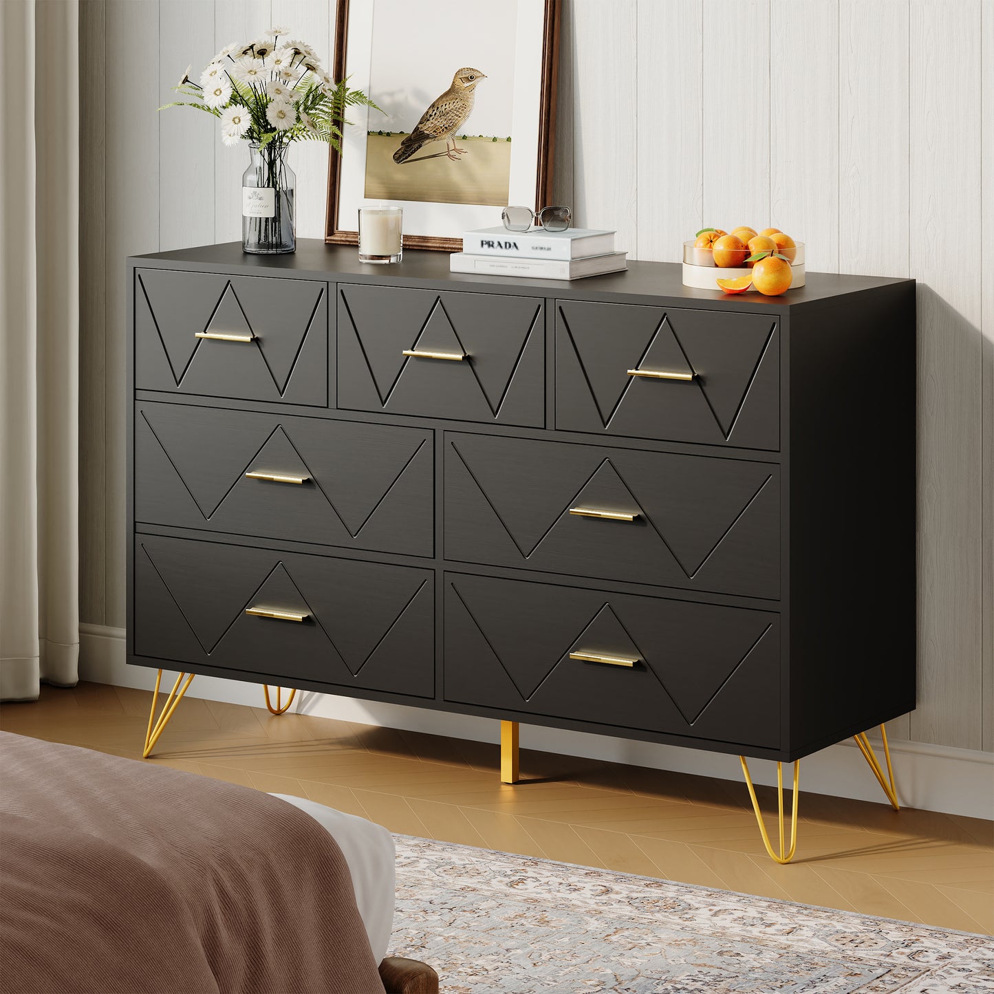 7 Drawer Dresser,Adult Dresser with Golden Legs & Handles,Wooden Chest of Drawer, for Bedroom Living Room