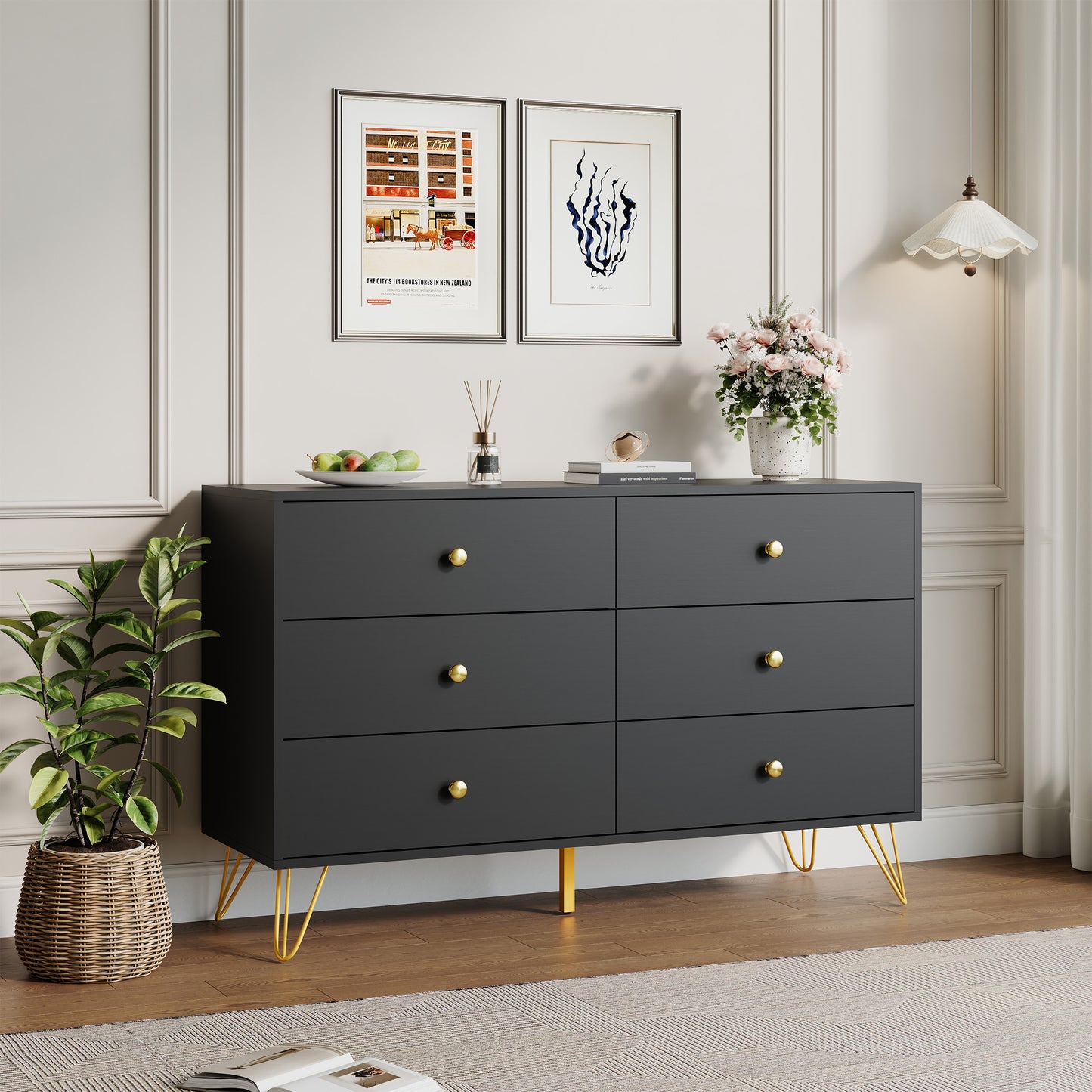 6 Drawer Dresser,Adult Chest of Drawers with Golden Handles & Legs for Bedroom,Living Room,Hallway,Nursery