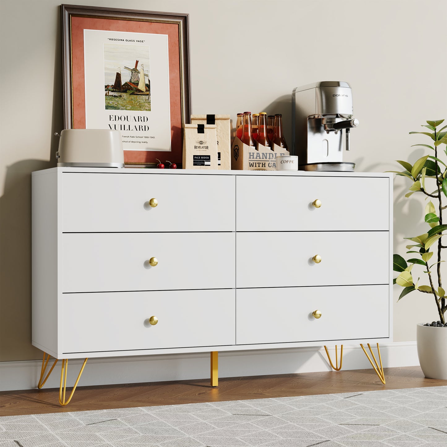 6 Drawer Dresser,Adult Chest of Drawers with Golden Handles & Legs for Bedroom,Living Room,Hallway,Nursery