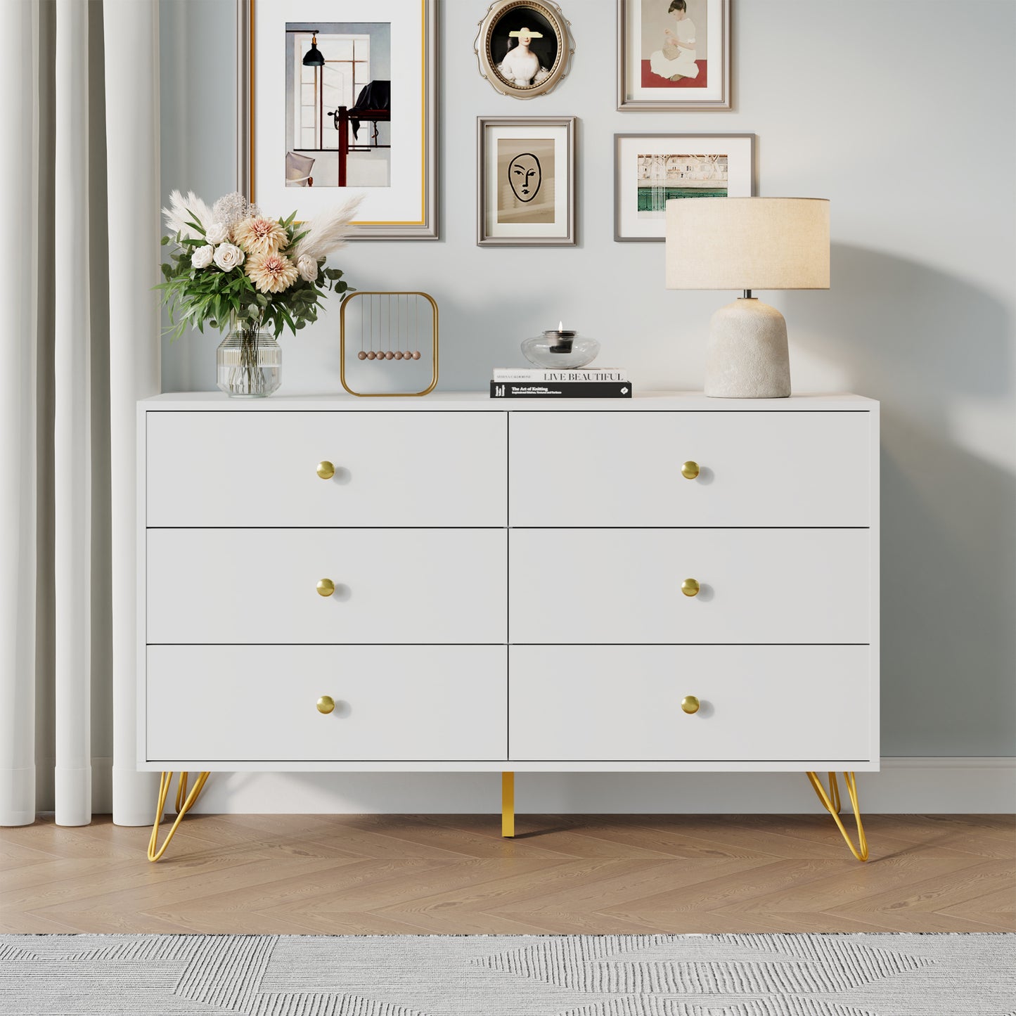 6 Drawer Dresser,Adult Chest of Drawers with Golden Handles & Legs for Bedroom,Living Room,Hallway,Nursery