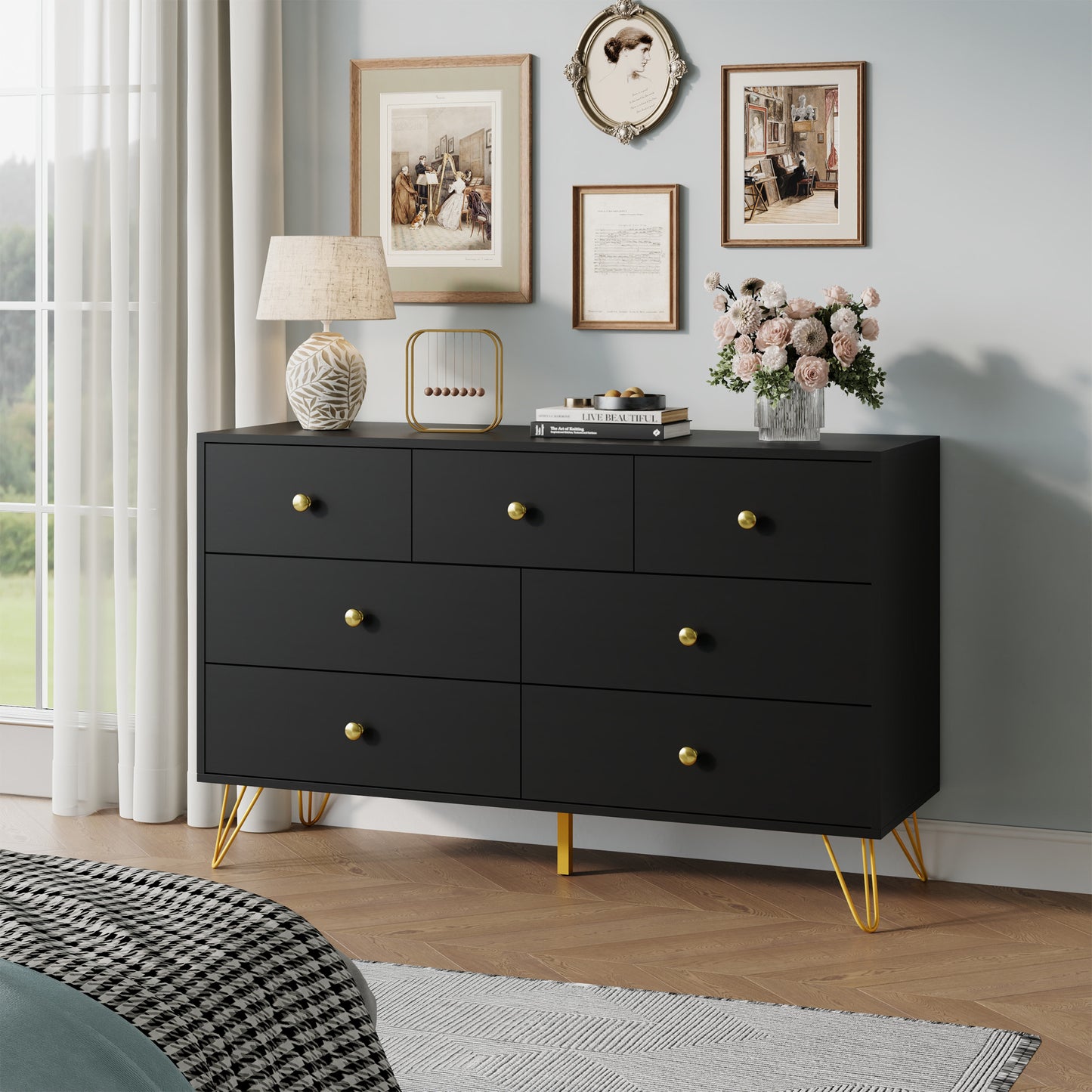 7 Drawer Dresser,Adult Chest of Drawers with Golden Handles & Legs for Bedroom,Living Room,Hallway,Nursery