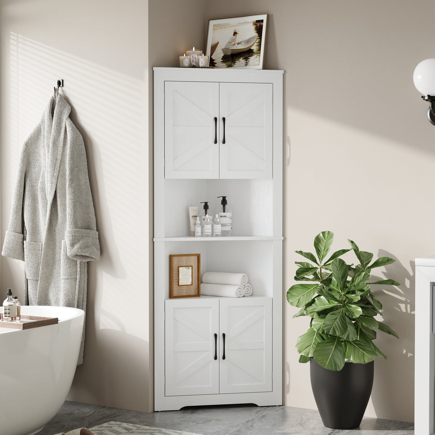 Farmhouse Corner Cabinet with 2 Doors and Adjustable Shelves,Tall Storage Cabinet for Bathroom,Living Room,Kitchen,Living Room