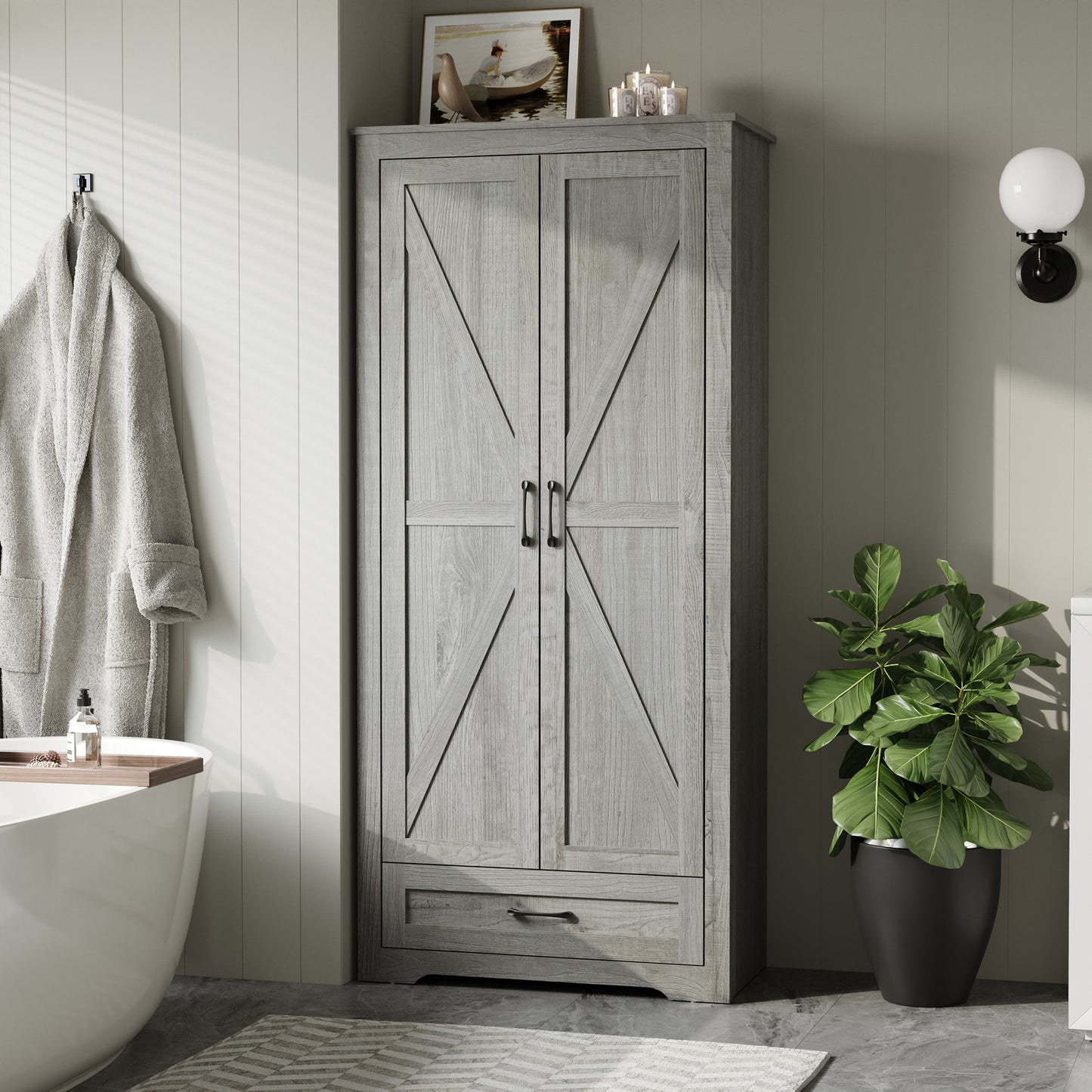 69" Tall Kitchen Pantry,Farmhouse Storage Cabinet with 2 Barn Doors 4 Adjustable Shelves and Large Drawer for Dining Room,Living Room,Bathroom