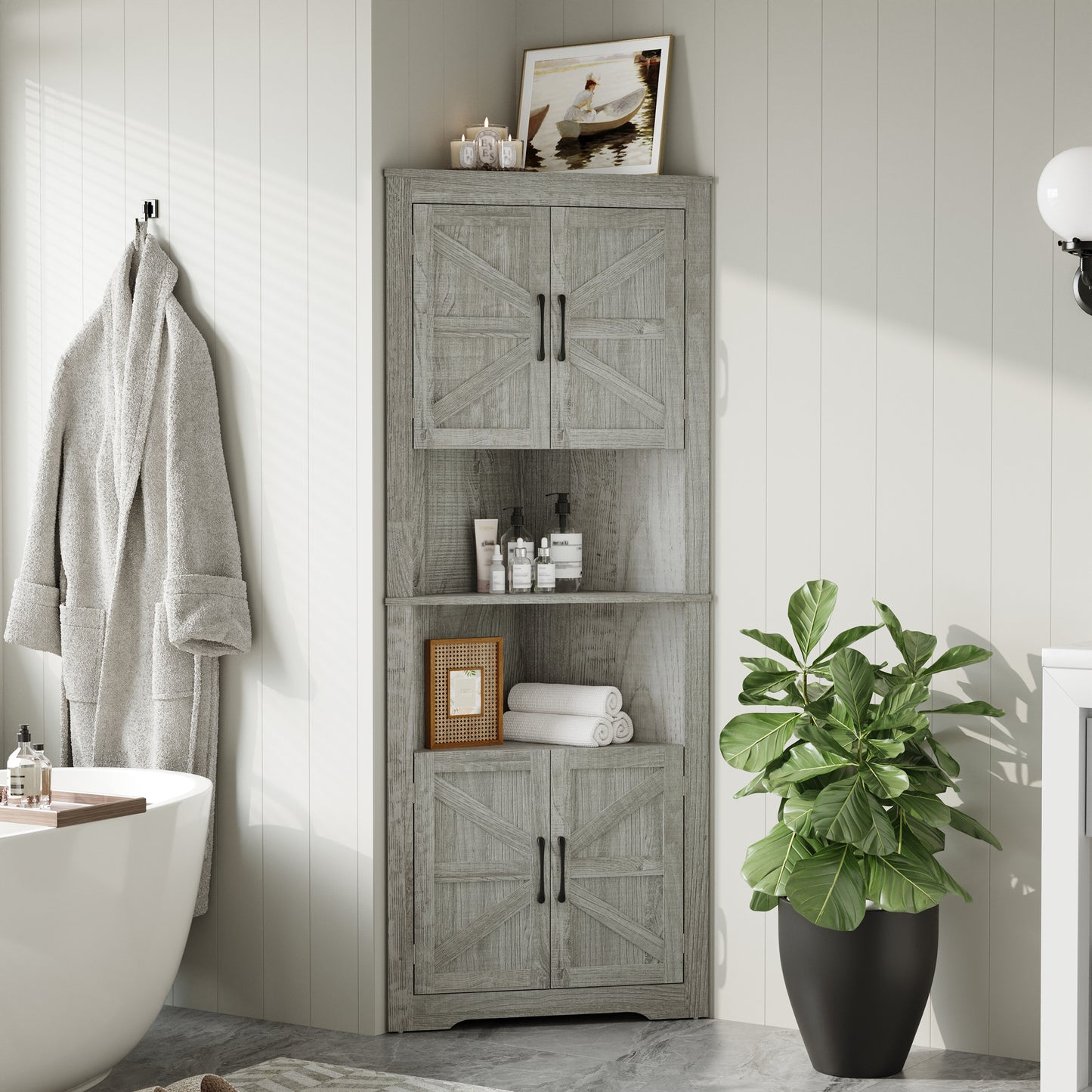 Farmhouse Corner Cabinet with 2 Doors and Adjustable Shelves,Tall Storage Cabinet for Bathroom,Living Room,Kitchen,Living Room