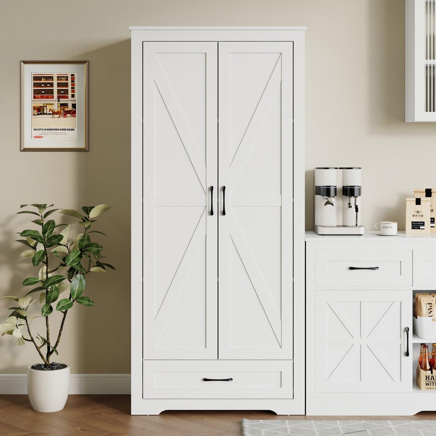 69" Tall Kitchen Pantry,Farmhouse Storage Cabinet with 2 Barn Doors 4 Adjustable Shelves and Large Drawer for Dining Room,Living Room,Bathroom