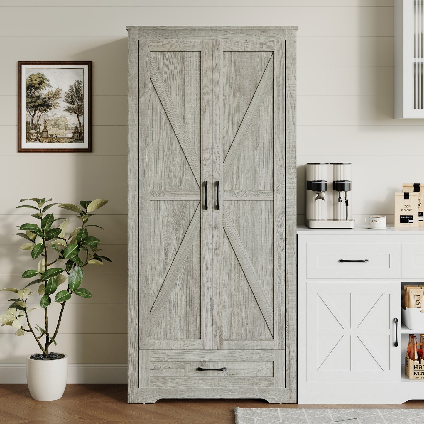 69" Tall Kitchen Pantry,Farmhouse Storage Cabinet with 2 Barn Doors 4 Adjustable Shelves and Large Drawer for Dining Room,Living Room,Bathroom