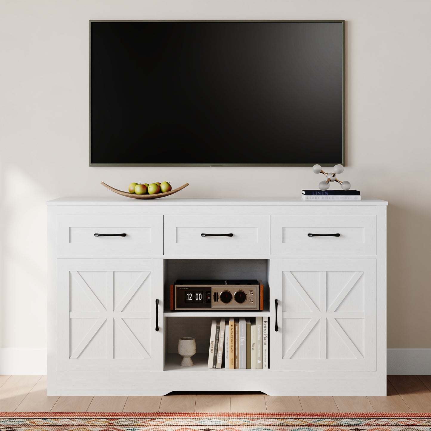 55" Farmhouse Coffee Bar Cabinet,White Wood Kitchen Sideboard W/ 3 Drawers 2 Shelves for Living Room,Dining Room