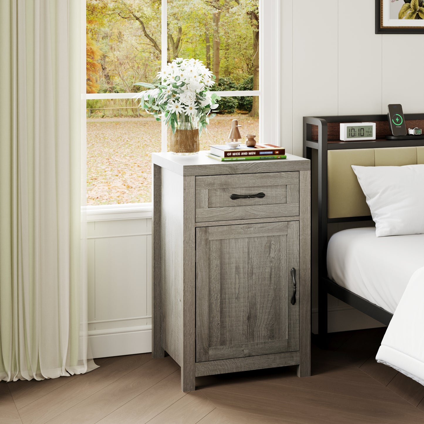 Farmhouse End Table with Drawer and Storage Cabinet for Living Room,Rustic Nightstand for Bedroom