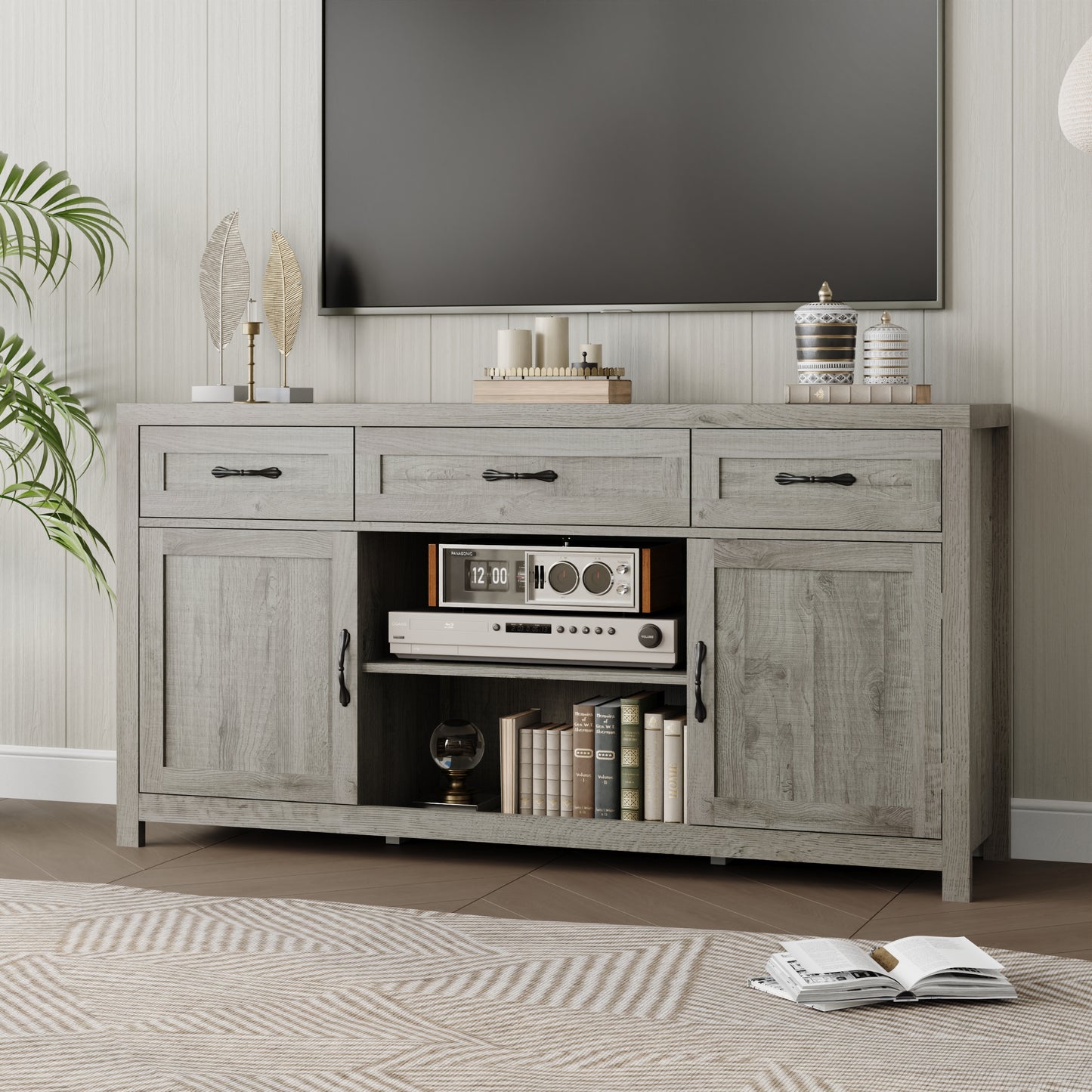 Farmhouse TV Stand for TVs up to 65'',Entertainment Center with Storage Cabinet for Living Room