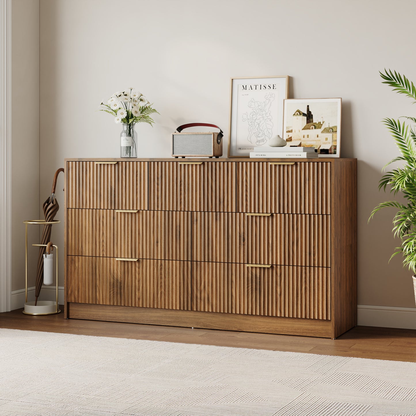 7 Drawer Dresser with for Bedroom,Modern Fluted Wood Chest of Drawer with Golden Embedded Handles for Living Room,Hallway