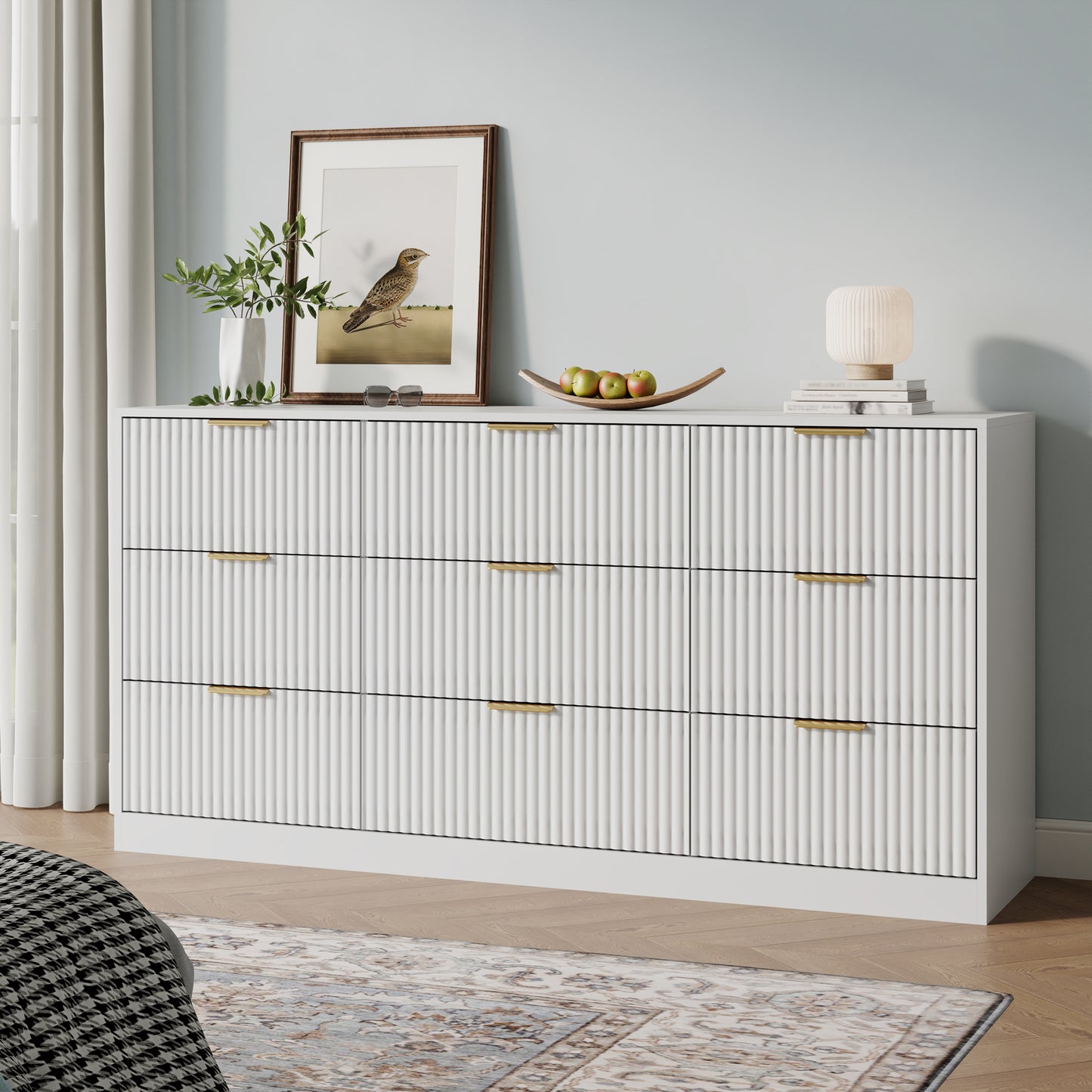 9 Drawer Dresser with for Bedroom,Modern Fluted Wood Chest of Drawer with Golden Embedded Handles for Living Room,Hallway