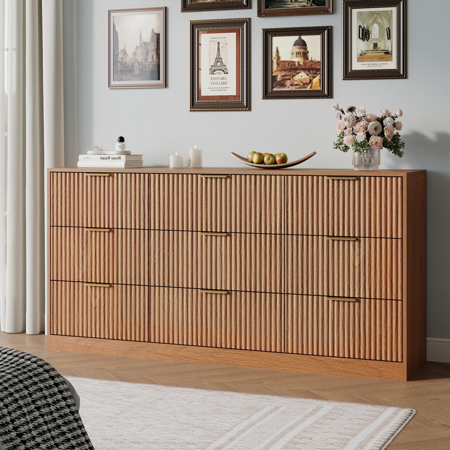9 Drawer Dresser with for Bedroom,Modern Fluted Wood Chest of Drawer with Golden Embedded Handles for Living Room,Hallway
