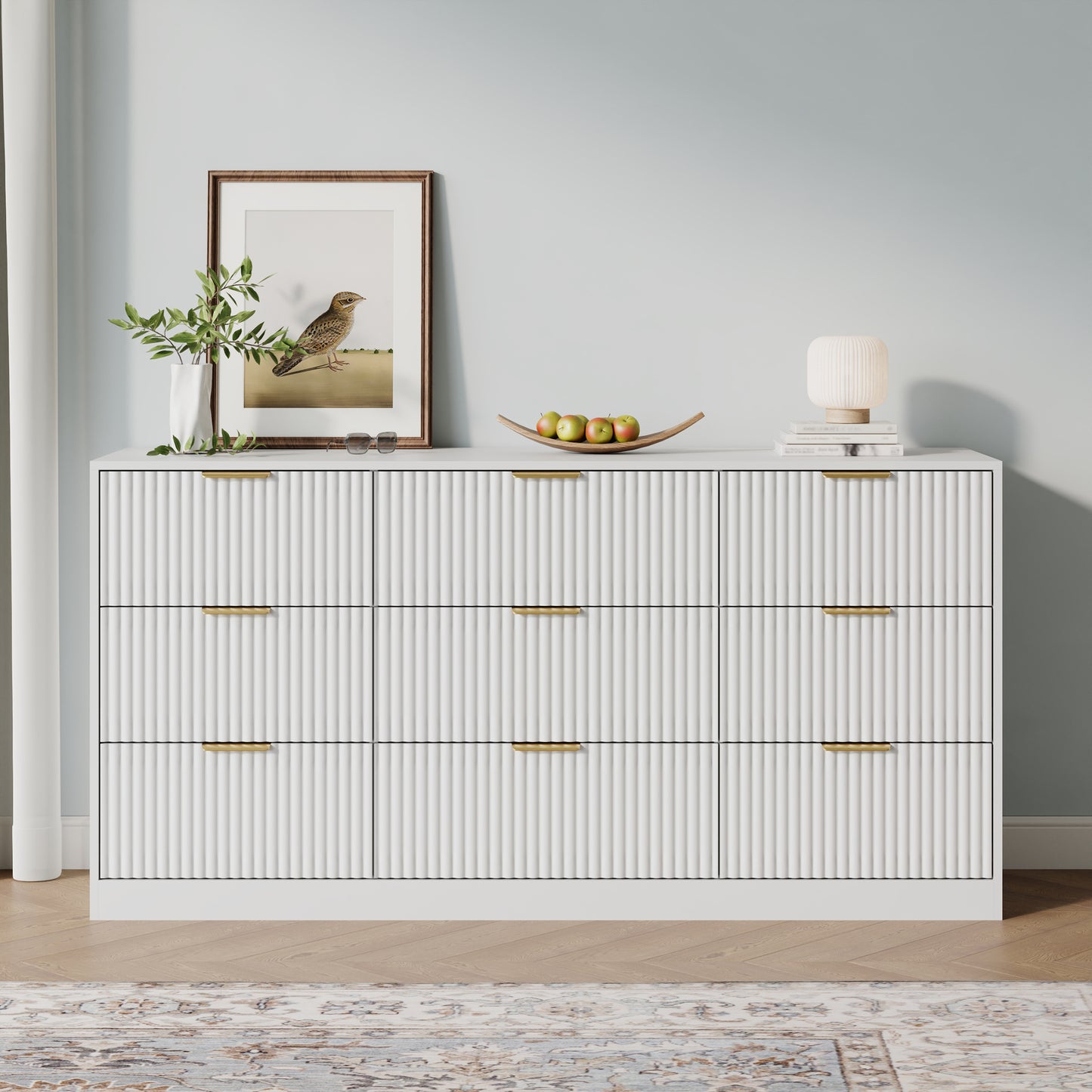 9 Drawer Dresser with for Bedroom,Modern Fluted Wood Chest of Drawer with Golden Embedded Handles for Living Room,Hallway