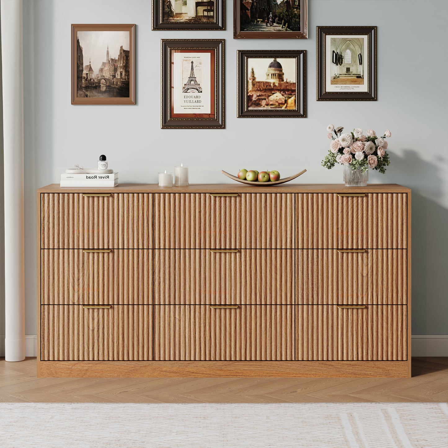9 Drawer Dresser with for Bedroom,Modern Fluted Wood Chest of Drawer with Golden Embedded Handles for Living Room,Hallway