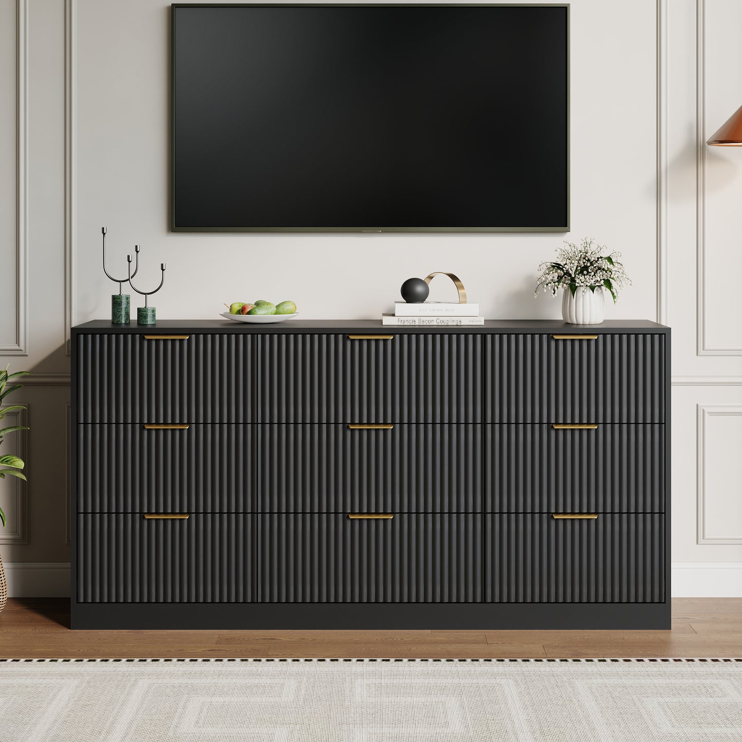 9 Drawer Dresser with for Bedroom,Modern Fluted Wood Chest of Drawer with Golden Embedded Handles for Living Room,Hallway