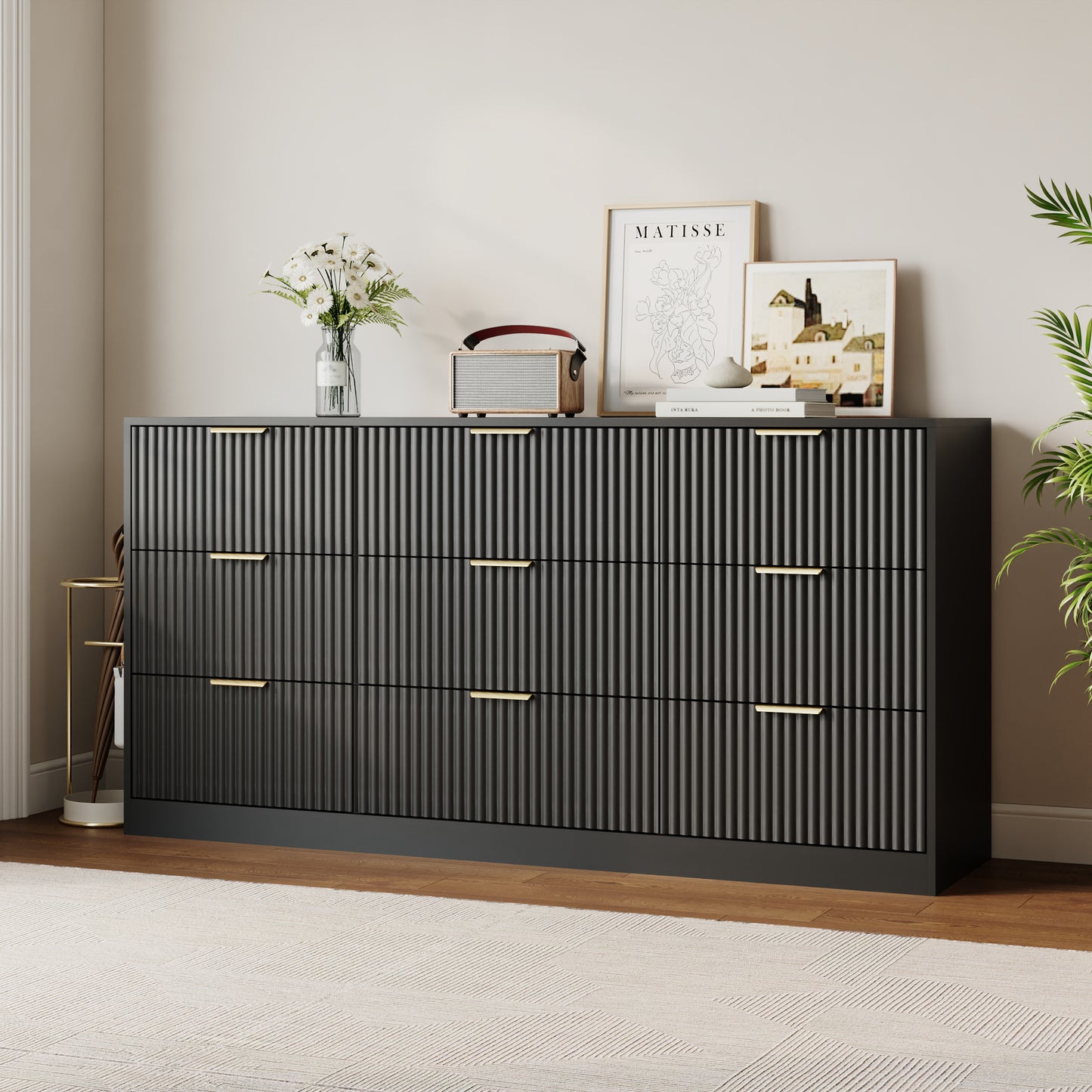 9 Drawer Dresser with for Bedroom,Modern Fluted Wood Chest of Drawer with Golden Embedded Handles for Living Room,Hallway