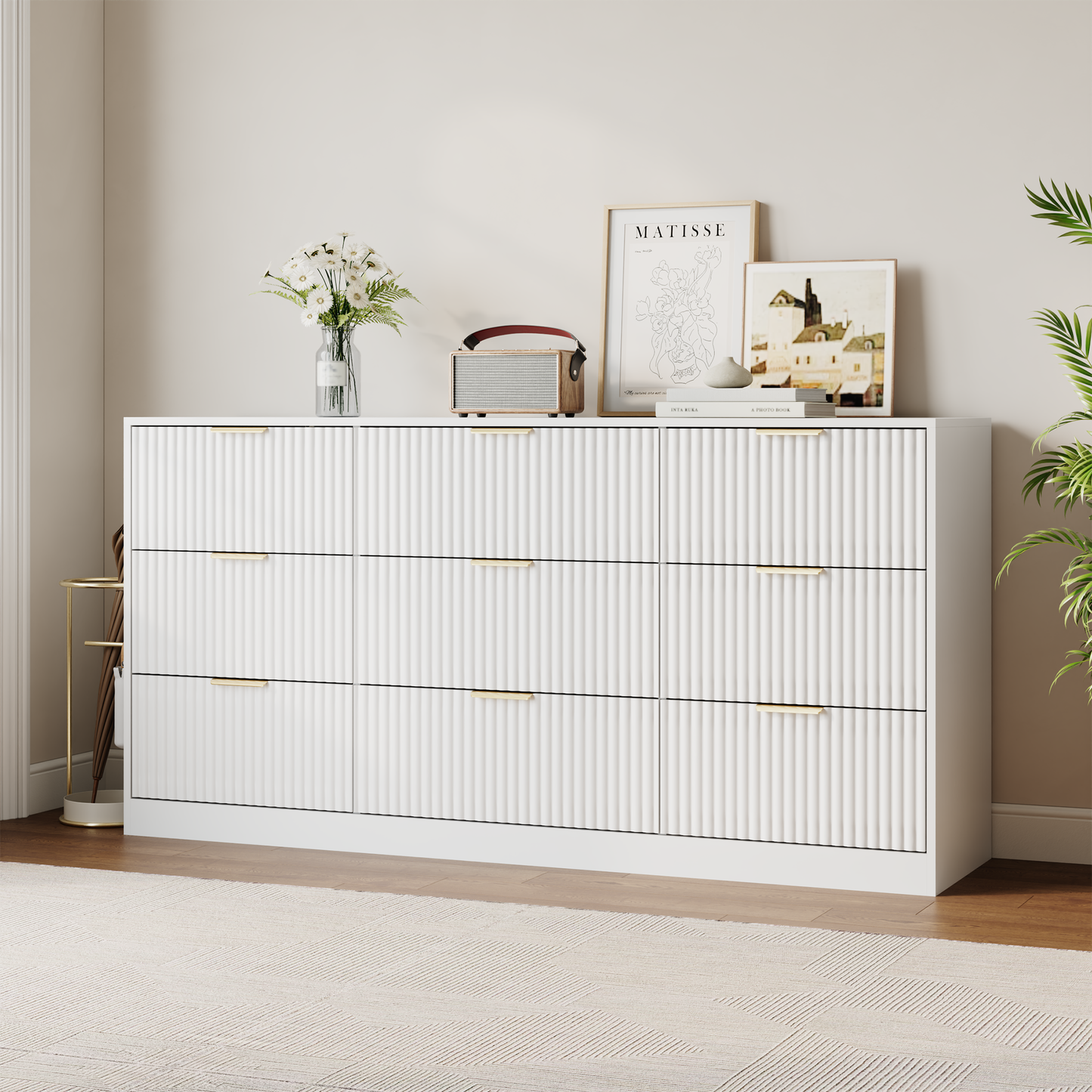 9 Drawer Dresser with for Bedroom,Modern Fluted Wood Chest of Drawer with Golden Embedded Handles for Living Room,Hallway