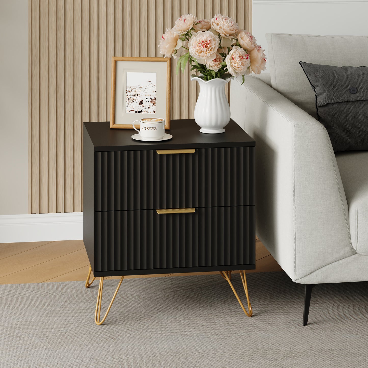 Set of 2 Nightstand with 2 Drawers,Fluted Wood Bedside Tables End Table for Bedroom Living Room