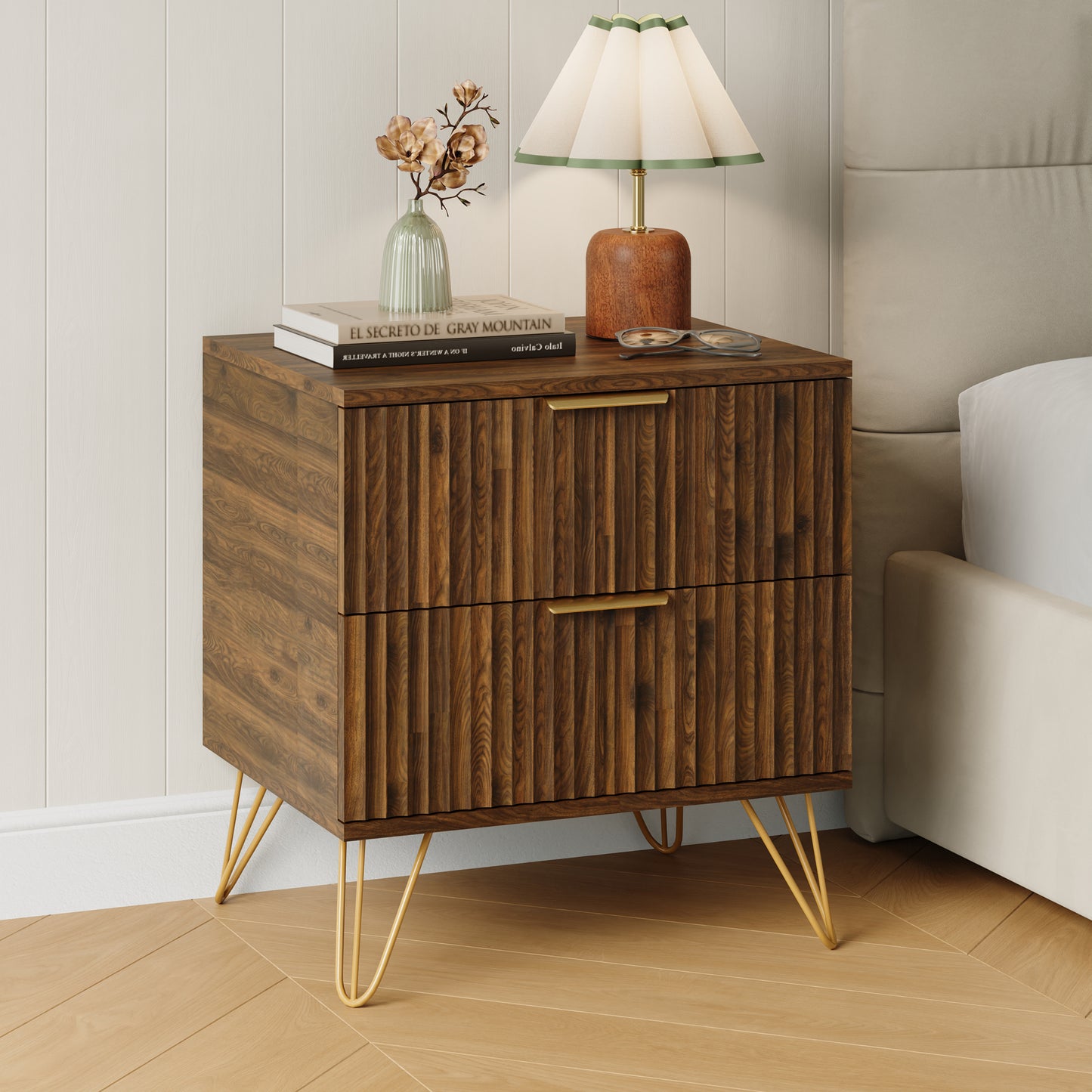 Set of 2 Nightstand with 2 Drawers,Fluted Wood Bedside Tables End Table for Bedroom Living Room