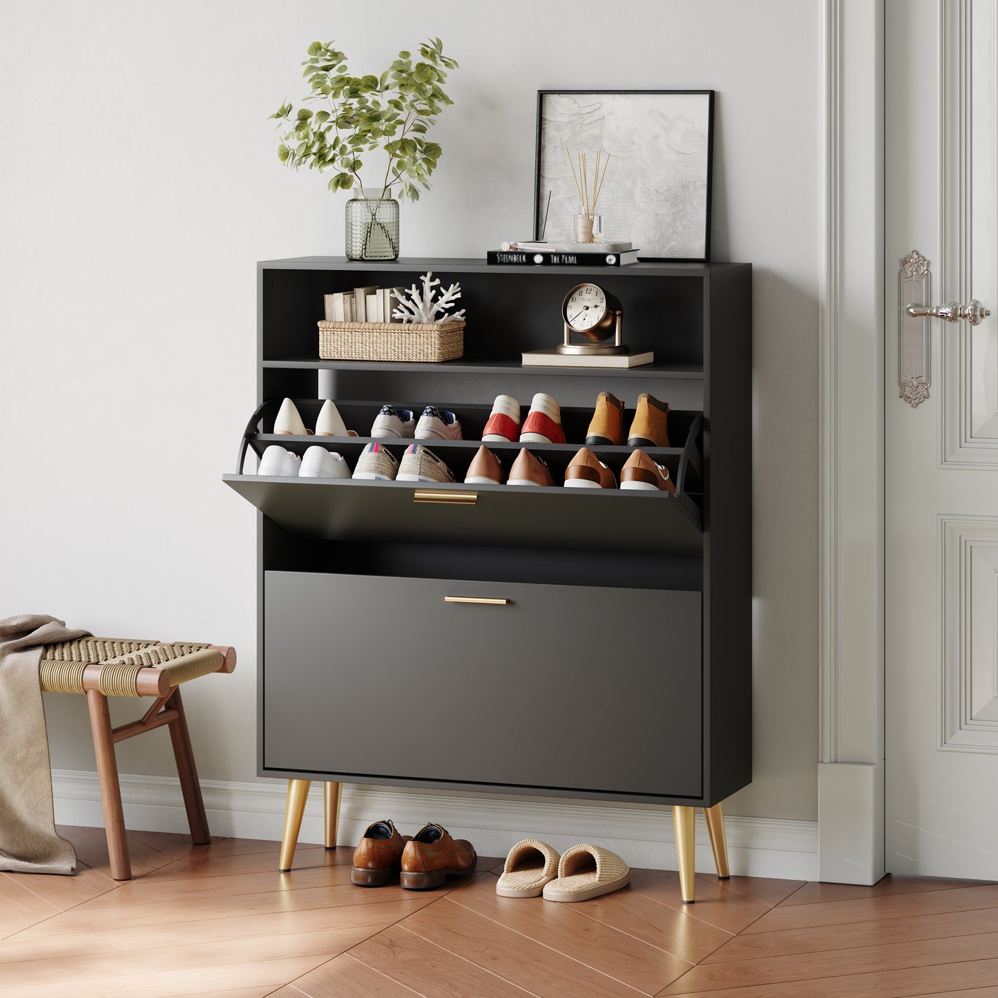 Shoe Cabinet with 2 Flip Drawers and Open Shelf Shoe Organizer for Entryway