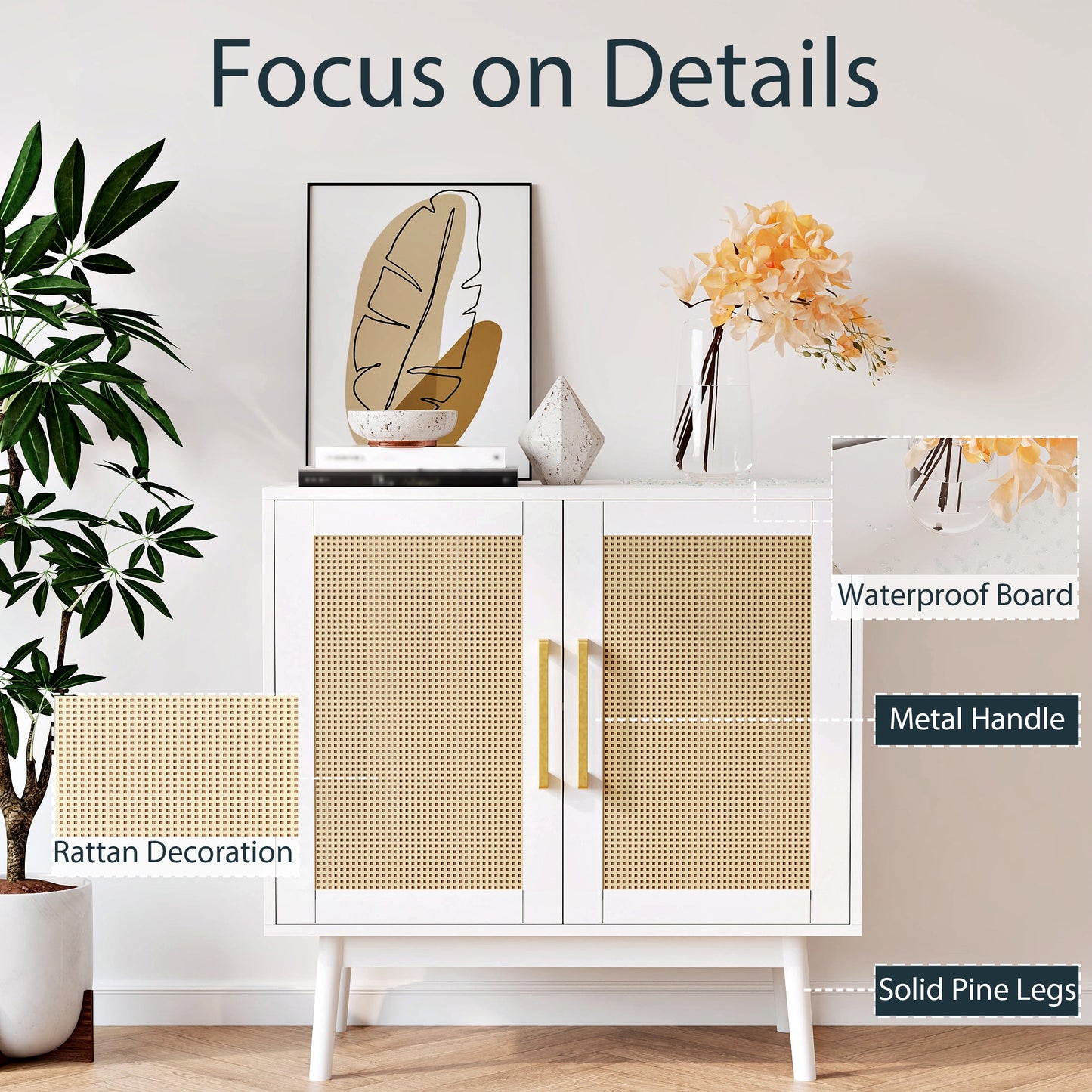 Rattan Storage Cabinet,Wood Accent Cabinet with 2 Doors for Living Room Bedroom Entryway