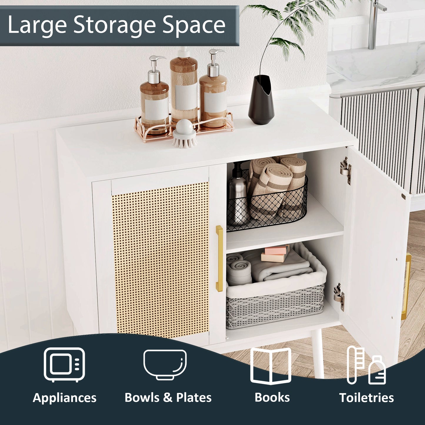 Rattan Storage Cabinet,Wood Accent Cabinet with 2 Doors for Living Room Bedroom Entryway