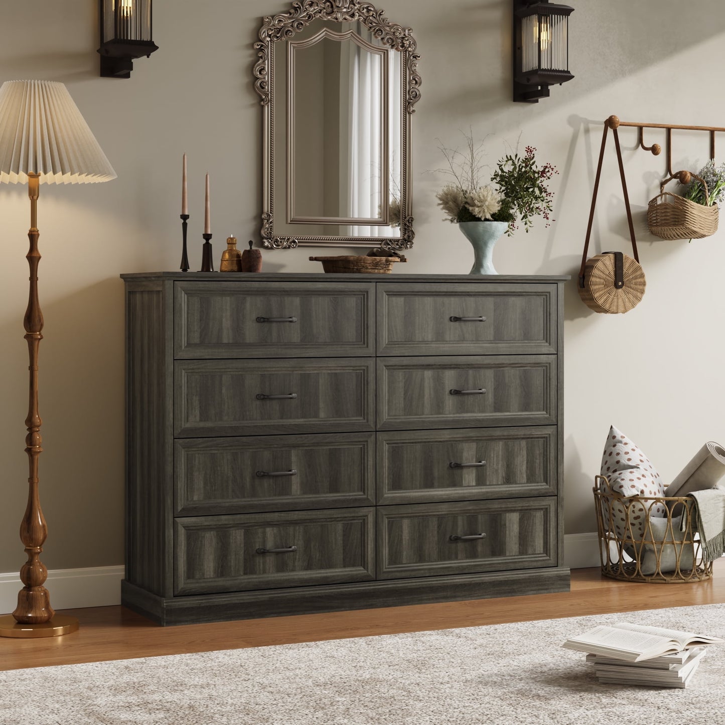 YouTrend Rustic 9-Drawer Wood Dresser, Large Storage Chest Organizer with Metal Handles for Bedroom, Living Room, Farmhouse Style Furniture,Gray