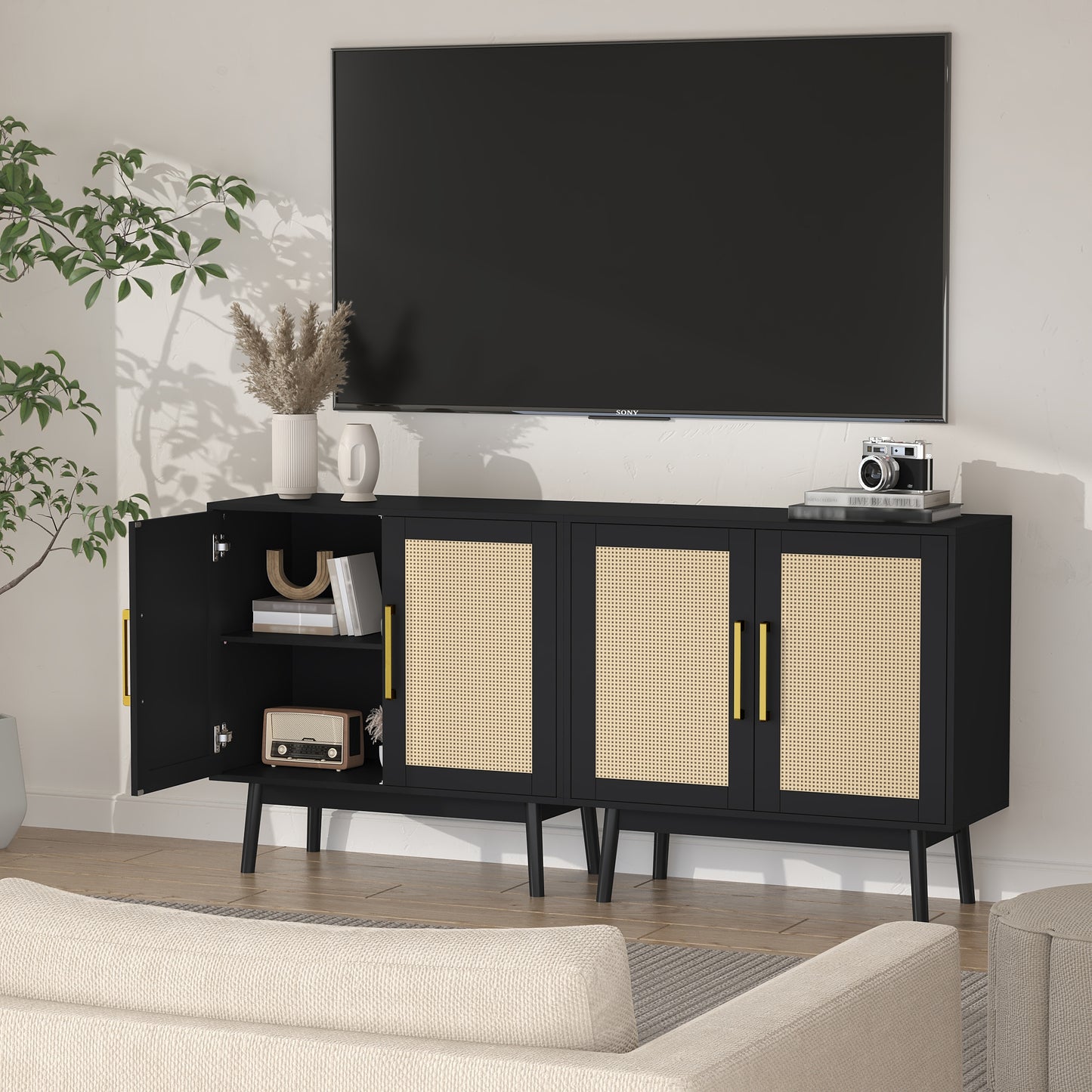 Rattan Storage Cabinet,Wood Accent Cabinet with 2 Doors for Living Room Bedroom Entryway