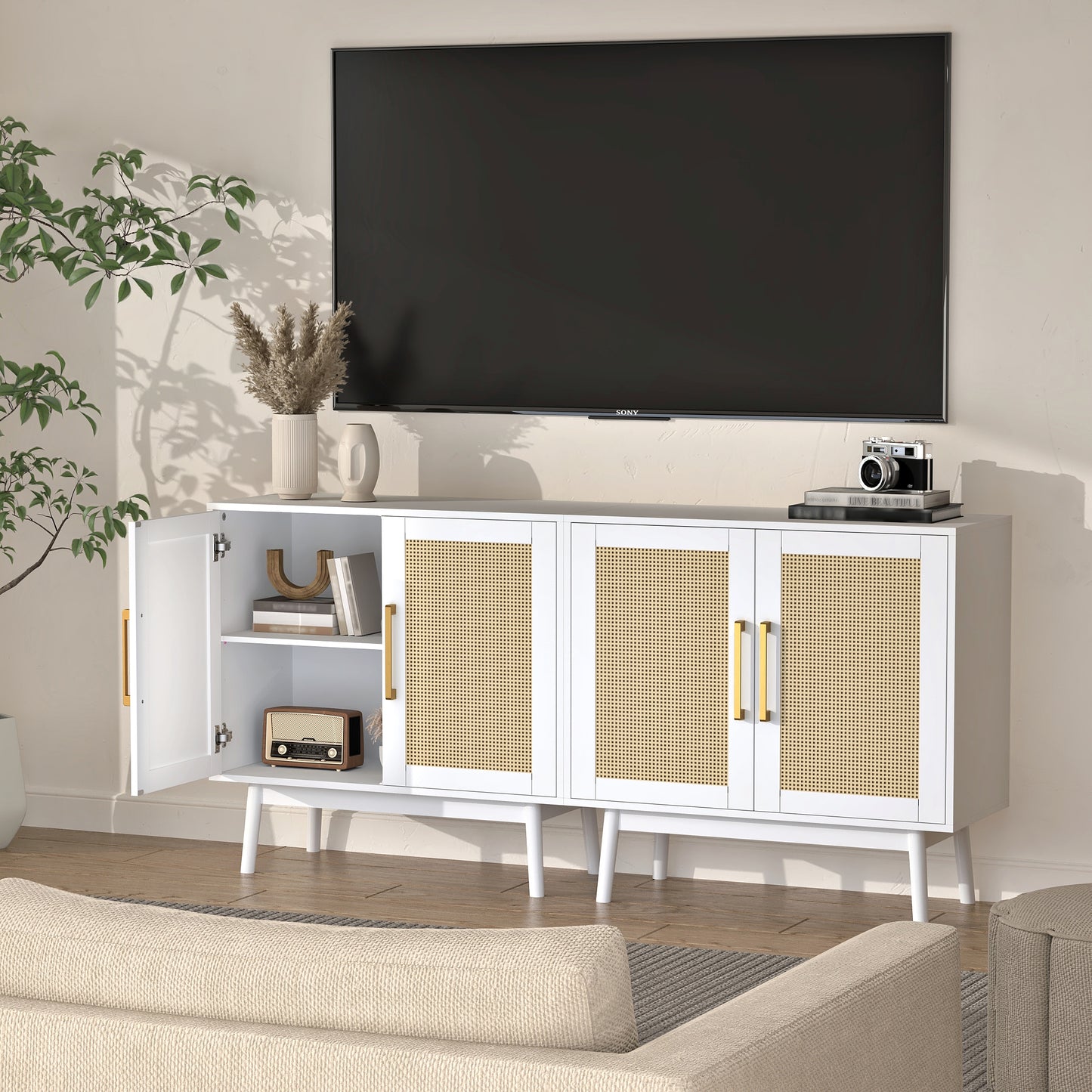 Rattan Storage Cabinet,Wood Accent Cabinet with 2 Doors for Living Room Bedroom Entryway