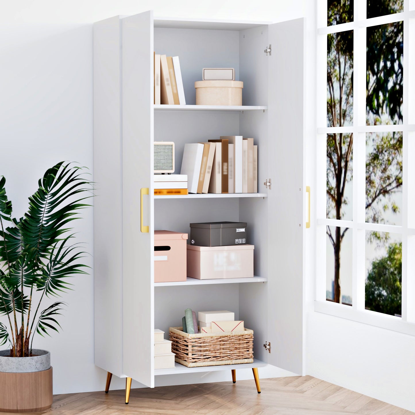 69'' Tall Storage Cabinet,Wood Pantry Cabinet with 4 Shelves & 2 Doors for Living Room, Kitchen, Bathroom, Office