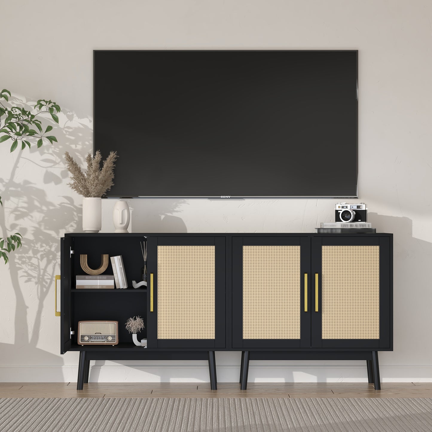 Rattan Storage Cabinet,Wood Accent Cabinet with 2 Doors for Living Room Bedroom Entryway