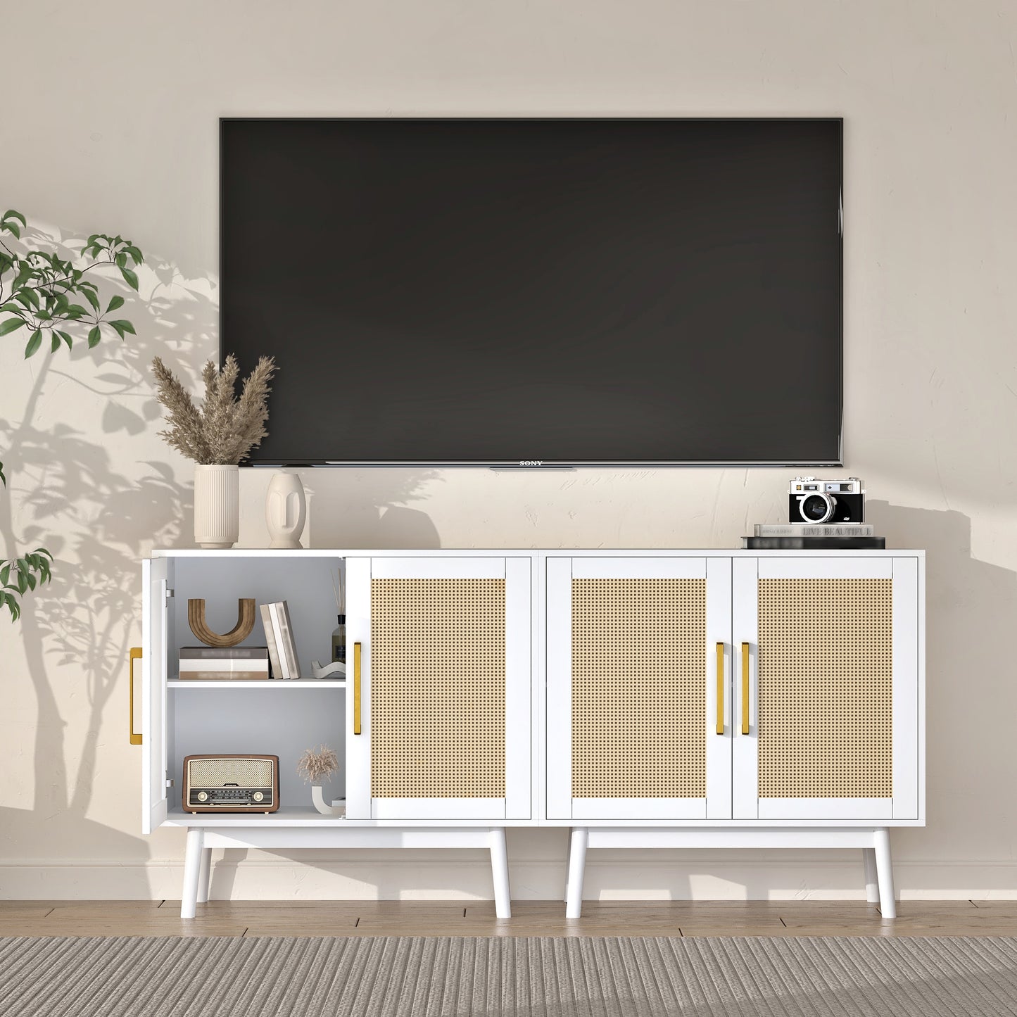 Rattan Storage Cabinet,Wood Accent Cabinet with 2 Doors for Living Room Bedroom Entryway