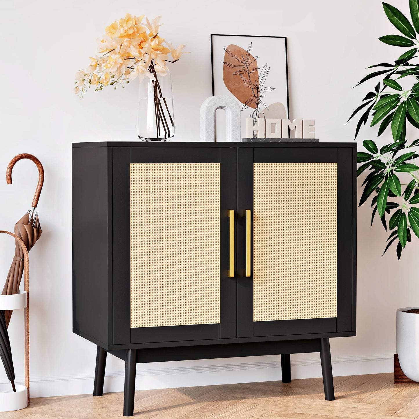 Rattan Storage Cabinet,Wood Accent Cabinet with 2 Doors for Living Room Bedroom Entryway