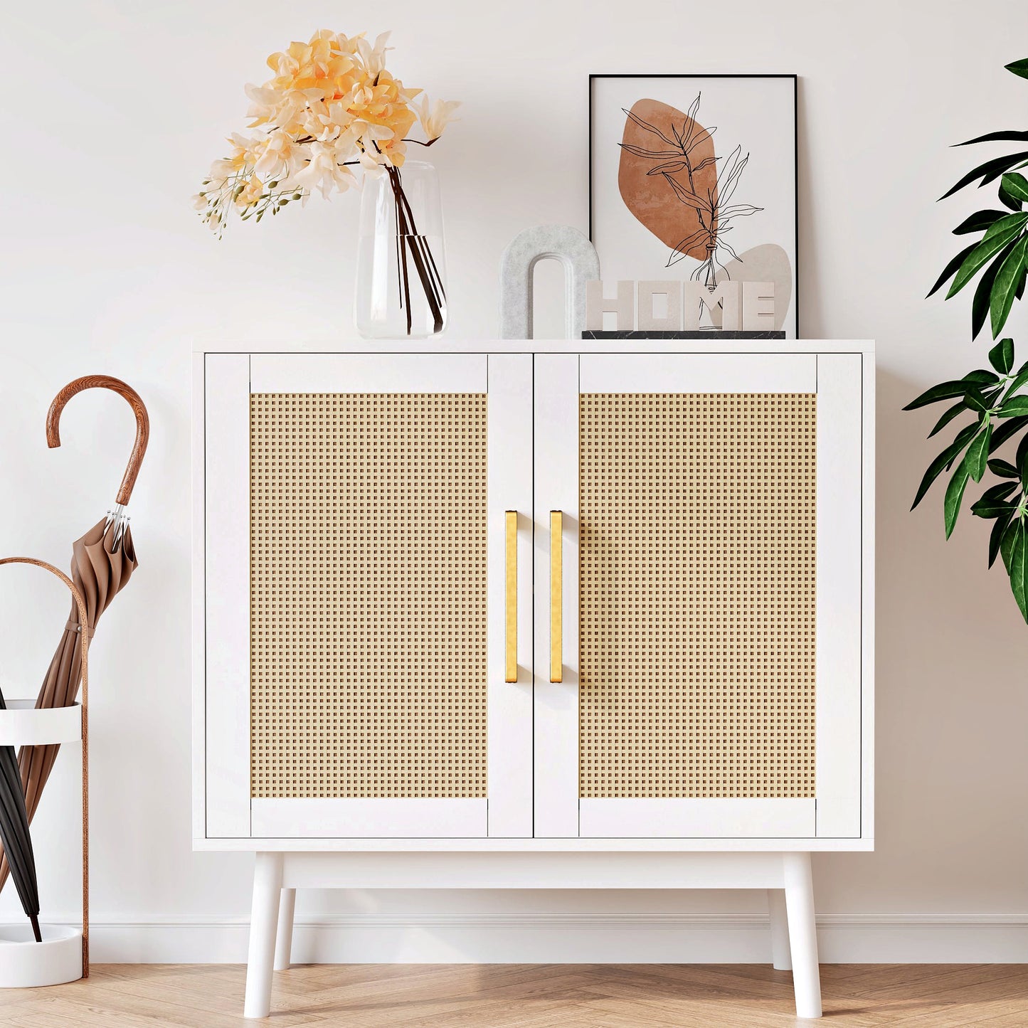 Rattan Storage Cabinet,Wood Accent Cabinet with 2 Doors for Living Room Bedroom Entryway