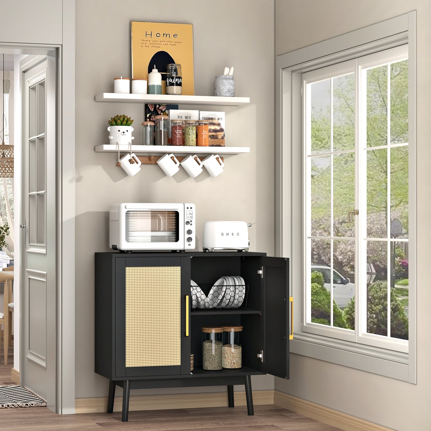 Rattan Storage Cabinet,Wood Accent Cabinet with 2 Doors for Living Room Bedroom Entryway