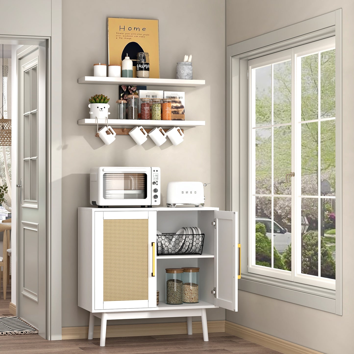 Rattan Storage Cabinet,Wood Accent Cabinet with 2 Doors for Living Room Bedroom Entryway