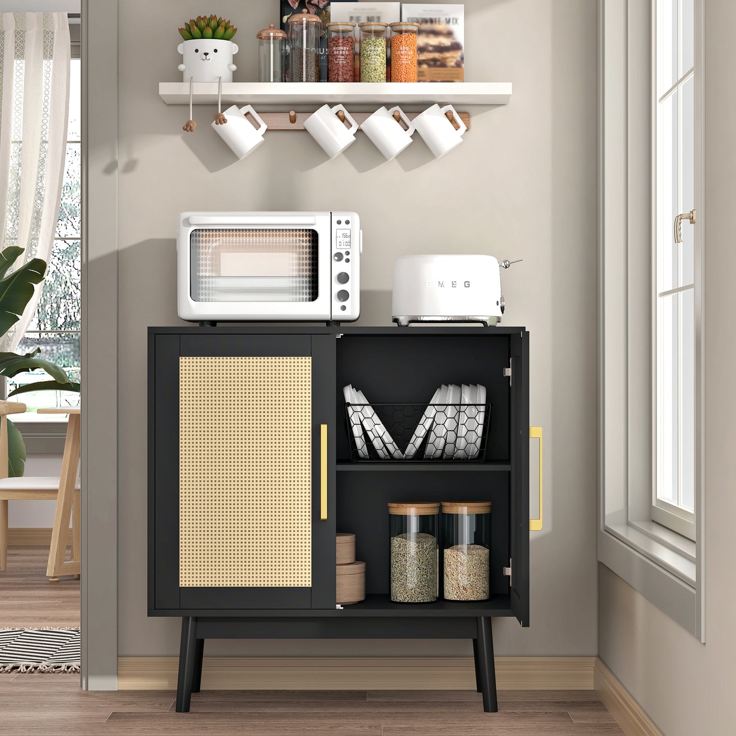 Rattan Storage Cabinet,Wood Accent Cabinet with 2 Doors for Living Room Bedroom Entryway