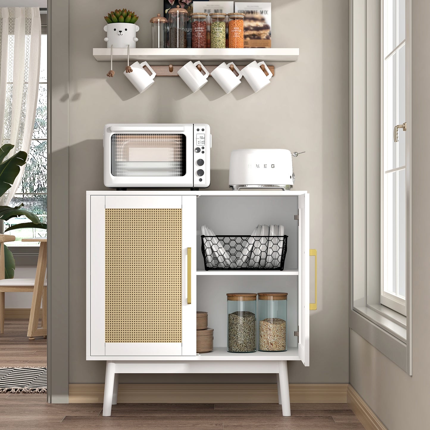 Rattan Storage Cabinet,Wood Accent Cabinet with 2 Doors for Living Room Bedroom Entryway