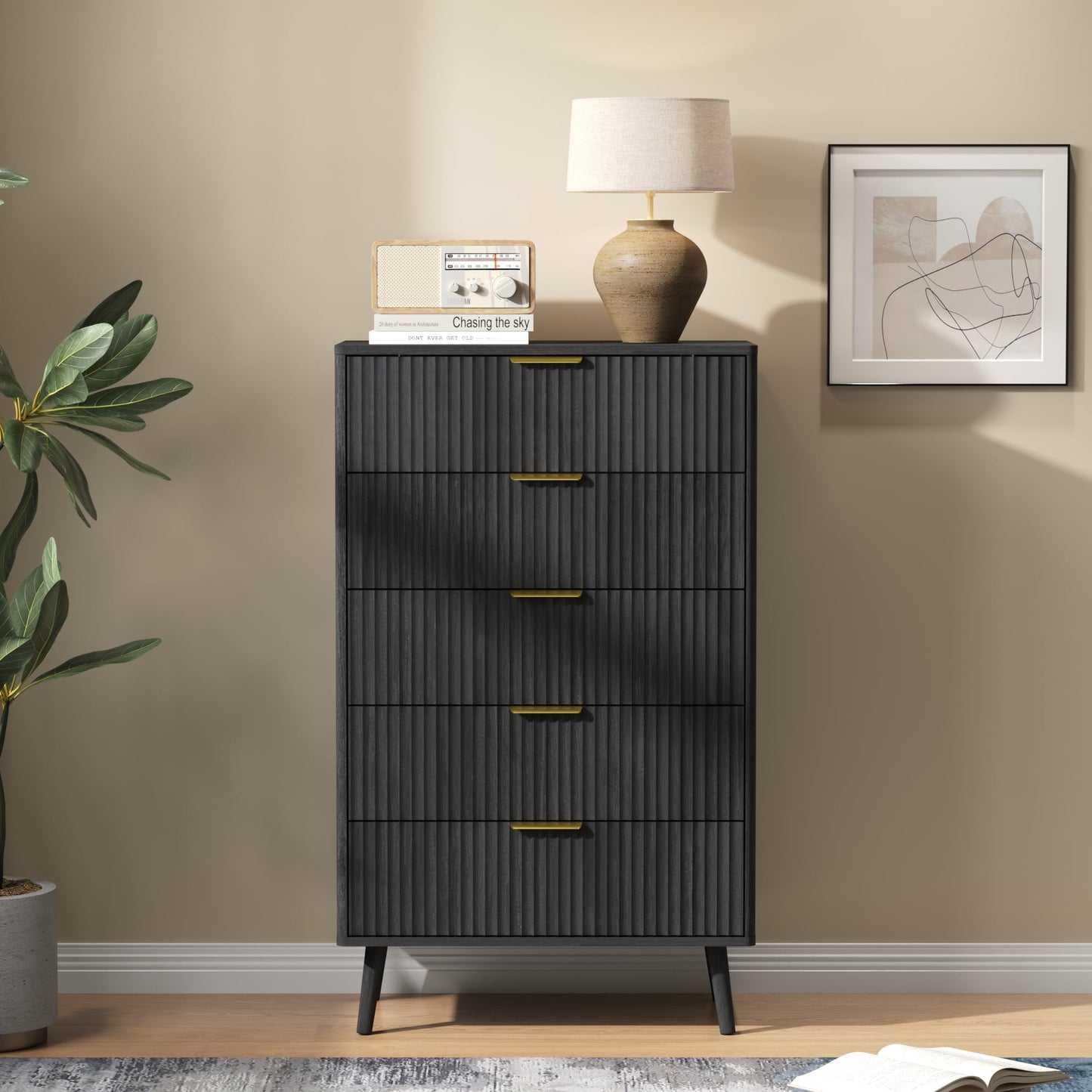 YouTrend 5 Drawer Dresser for Bedroom,Tall Dresser with Metal Handle,Fluted Dresser Modern Storage Cabinet for Home Office Living Room,White