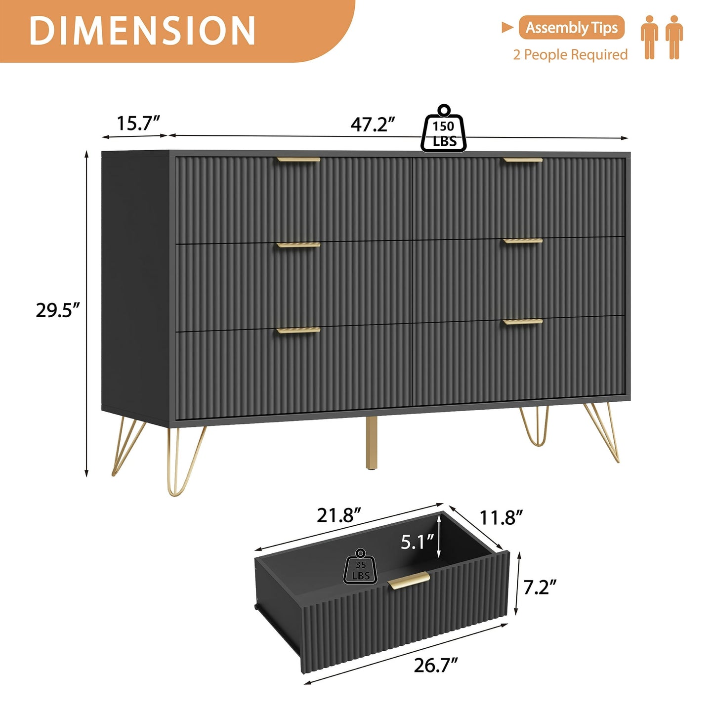 YouTrend White 6 Drawer Dresser with Fluted Wood and Metal Handles Legs for Bedroom Living Room Hallway