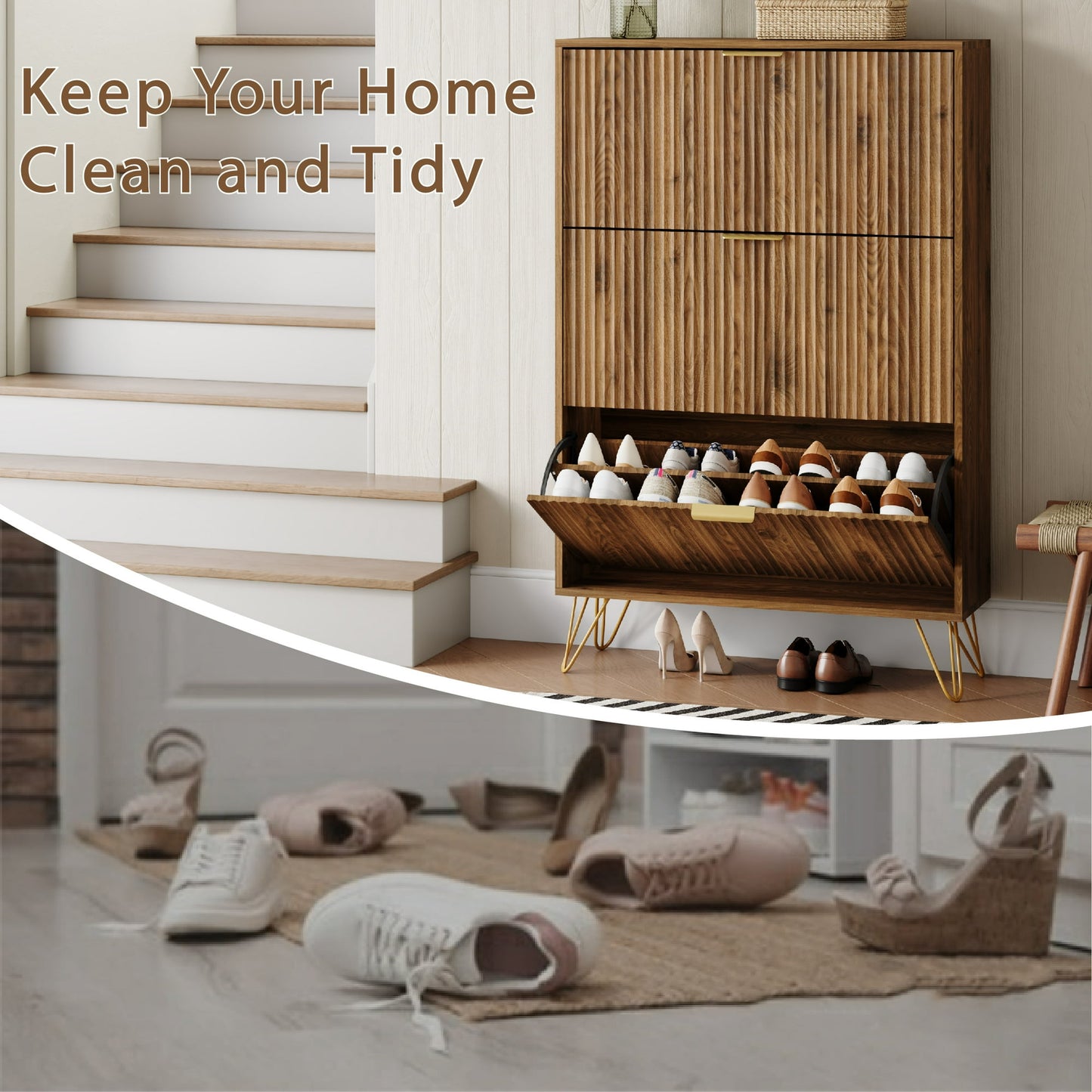 YouTrend Shoe Cabinet with 3 Flip Drawer,Fluted Wood Shoe Rack Storage Cabinet for Entryway