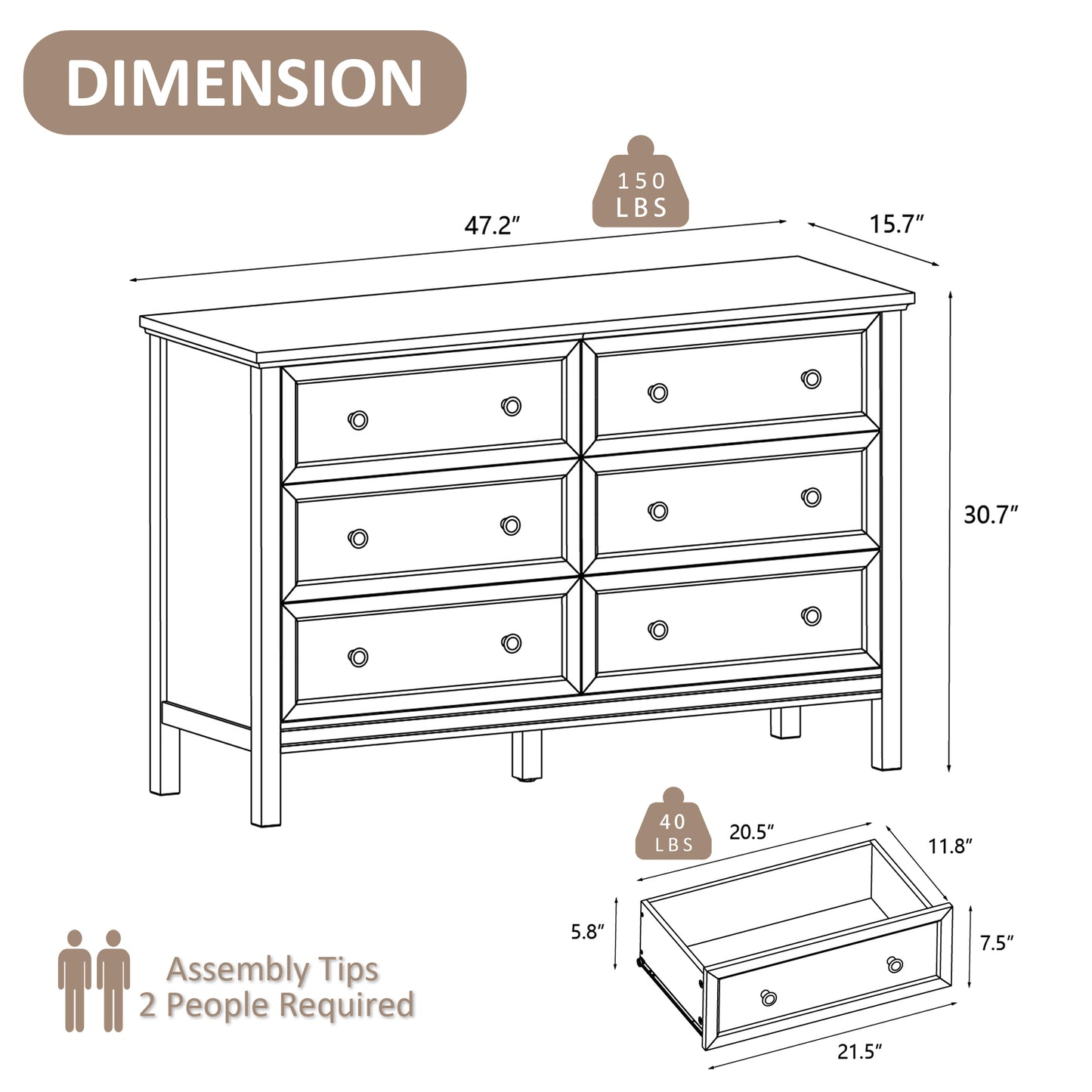 Dresser with 6 Drawer for Bedroom,Traditional Adult Chest of Drawers with Golden Handles for Living Room,Hallway,Nursery