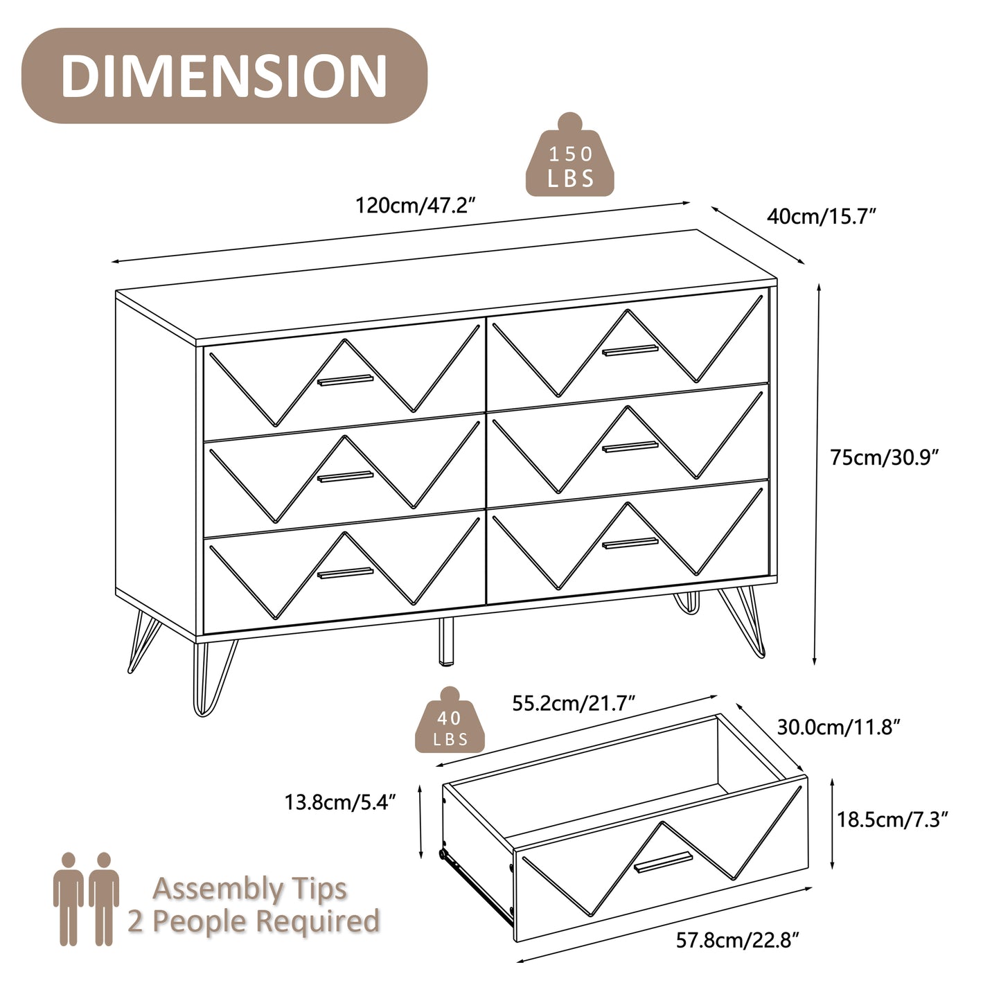 6 Drawer Dresser Double Dresser Storage Cabinet with W Pattern for Living Room, Hallway, Nursery