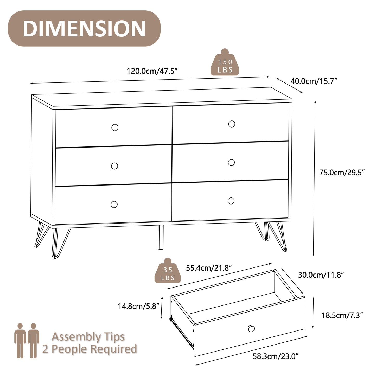 6 Drawer Dresser,Adult Chest of Drawers with Golden Handles & Legs for Bedroom,Living Room,Hallway,Nursery