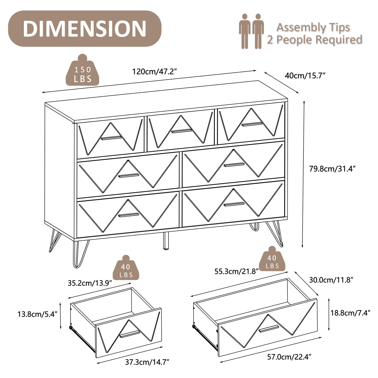 7 Drawer Dresser,Adult Dresser with Golden Legs & Handles,Wooden Chest of Drawer, for Bedroom Living Room